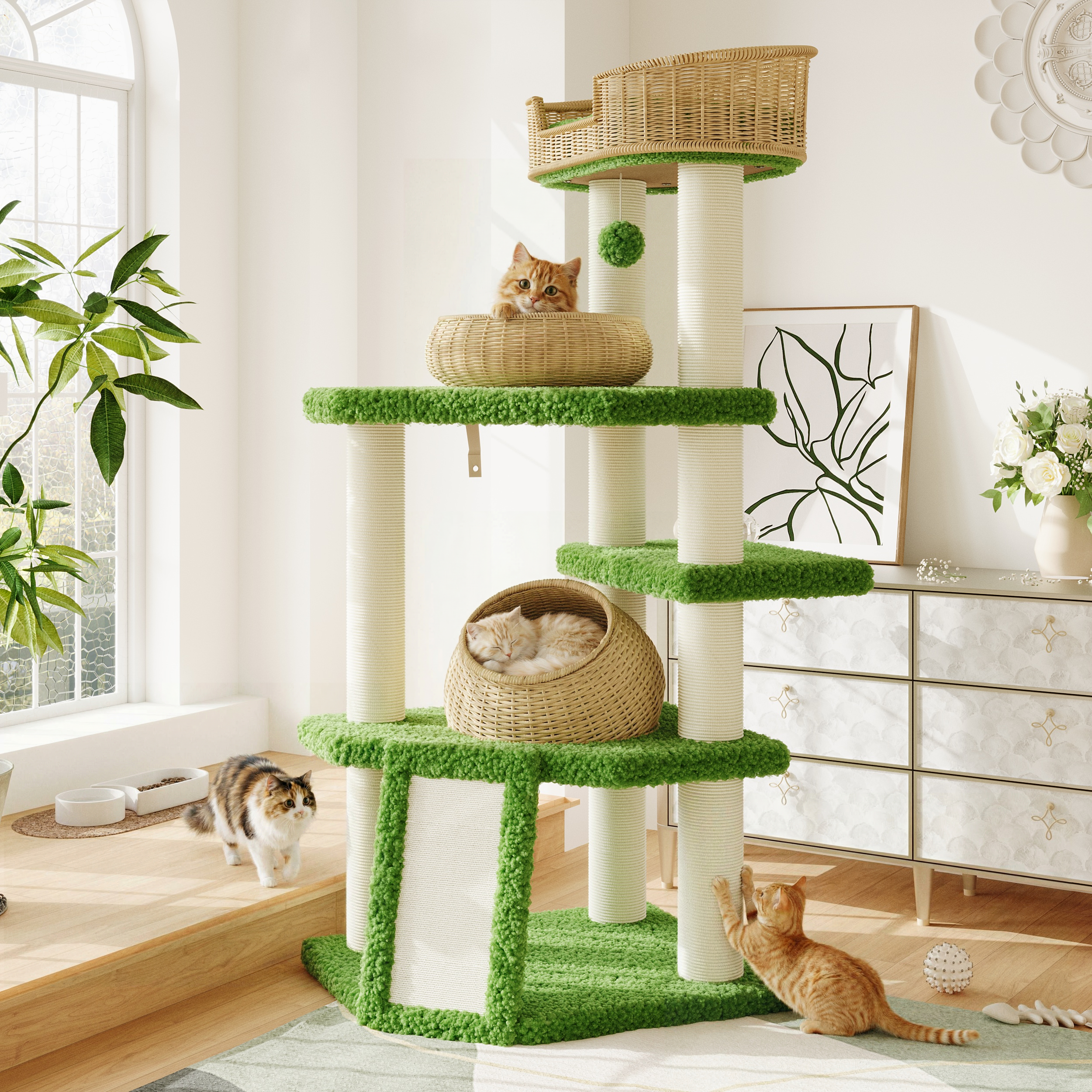 Merrland 57" Cat Tree for Indoor Cats and Kittens, Multi-Level Cat Tower with Teddy Fleece, Rattan Condo, Scratching Ramp and Posts, Dual-Sided Cushion Design, Green