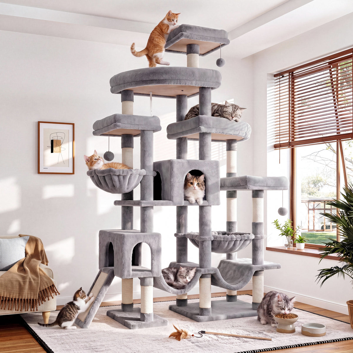 Merrland 83" Multi-Level Large Cat Tree with 2 Condos, Plush Perches, Sisal Scratching Posts, Hammocks & Toys for All Cats