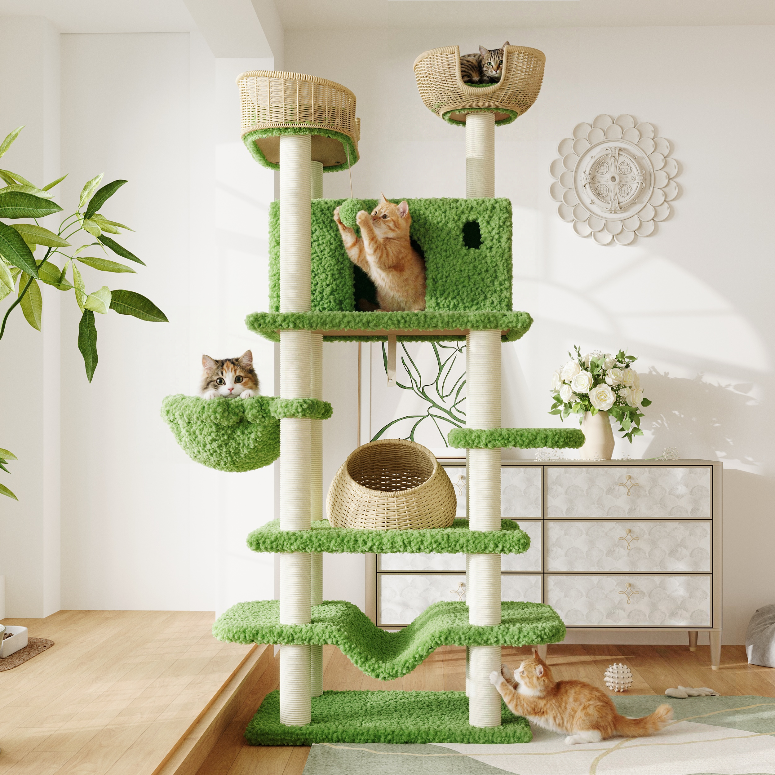 Merrland 82" Cat Tree for Indoor Cats and Kittens, Multi-Level Cat Tower with Teddy Fleece, Rattan Condo,, Basket, Hammock, Dual-Sided Cushion Design, Green