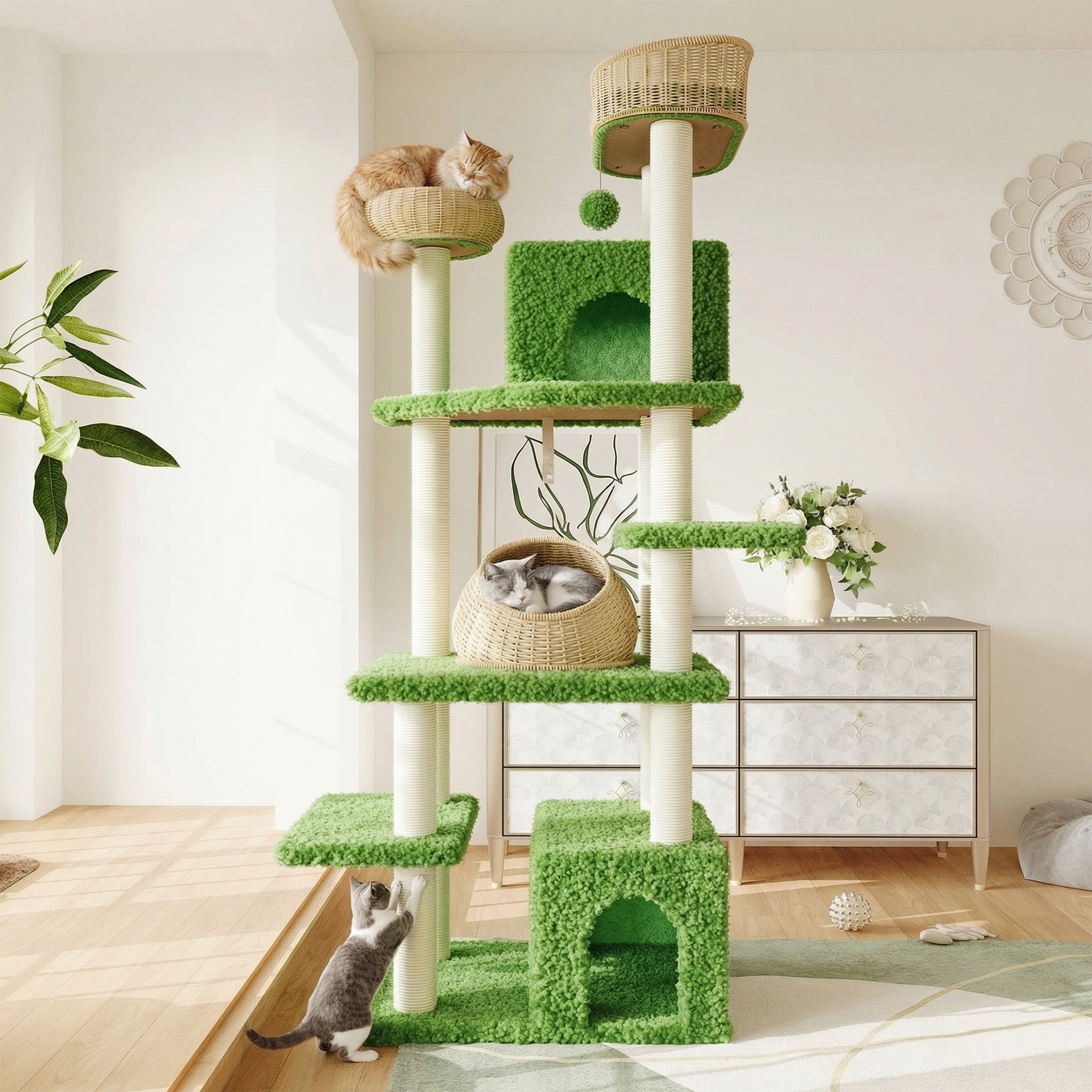 Merrland 74" Cat Tree for Indoor Cats and Kittens, Multi-Level Cat Tower with Teddy Fleece & Rattan Condo, Dual-Sided Cushion Design, Green