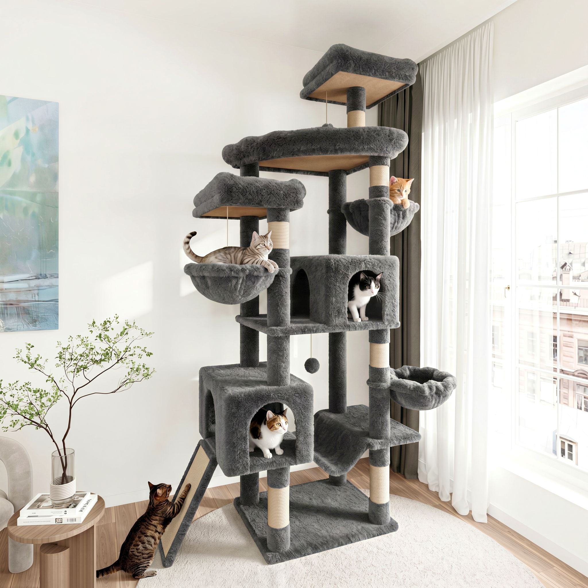Merrland 82" Multi-Level Large Cat Tree Tower for Indoor Kitties, Cat Furniture with Plush Condo Hammock Top Perch, Sisal Scratching Posts & Ramp