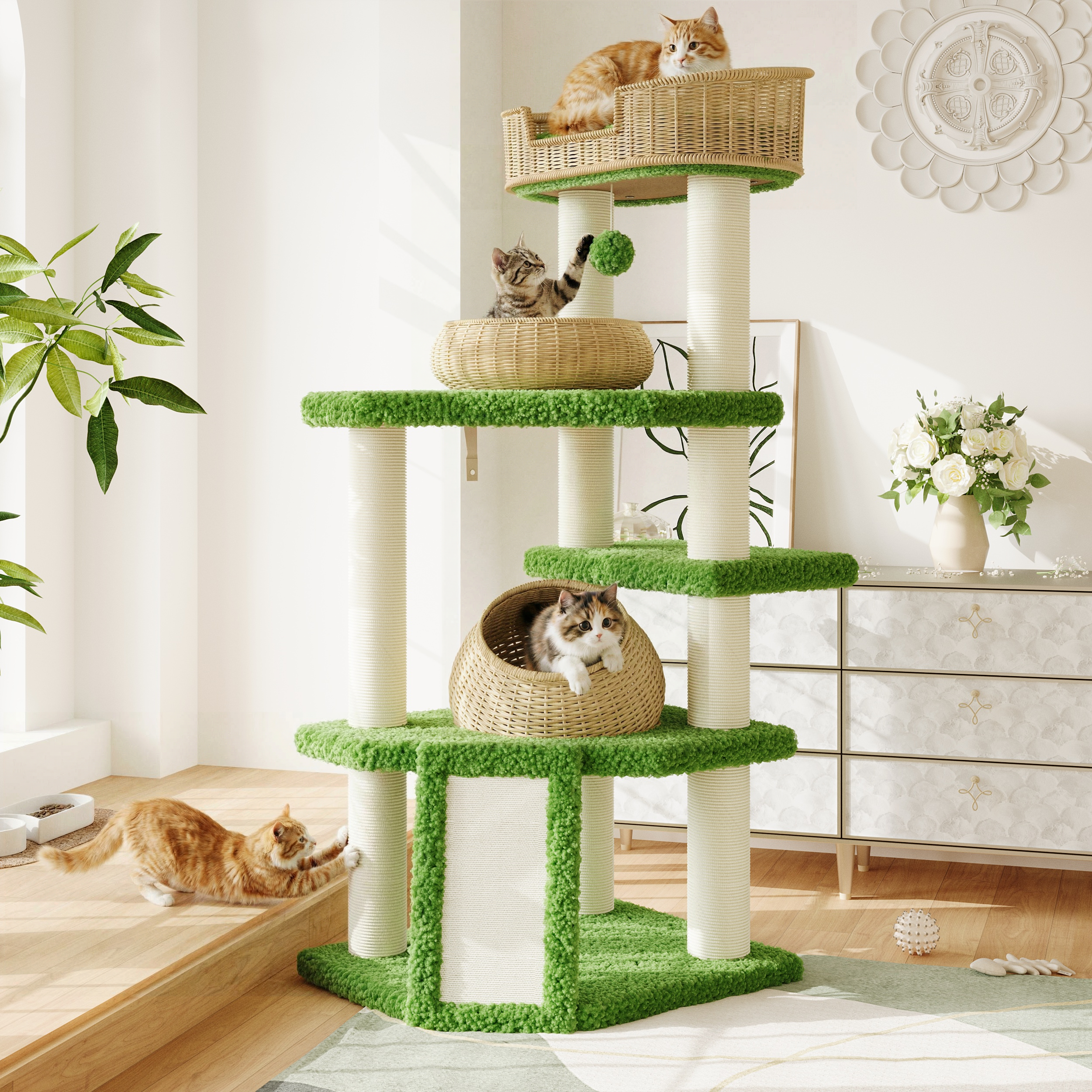 Merrland 57" Cat Tree for Indoor Cats and Kittens, Multi-Level Cat Tower with Teddy Fleece, Rattan Condo, Scratching Ramp and Posts, Dual-Sided Cushion Design, Green