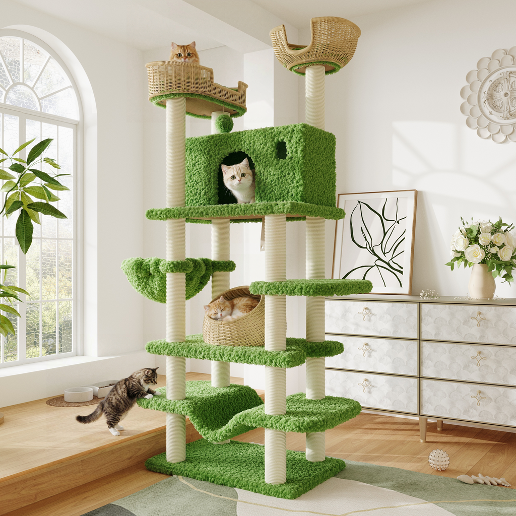 Merrland 82" Cat Tree for Indoor Cats and Kittens, Multi-Level Cat Tower with Teddy Fleece, Rattan Condo,, Basket, Hammock, Dual-Sided Cushion Design, Green