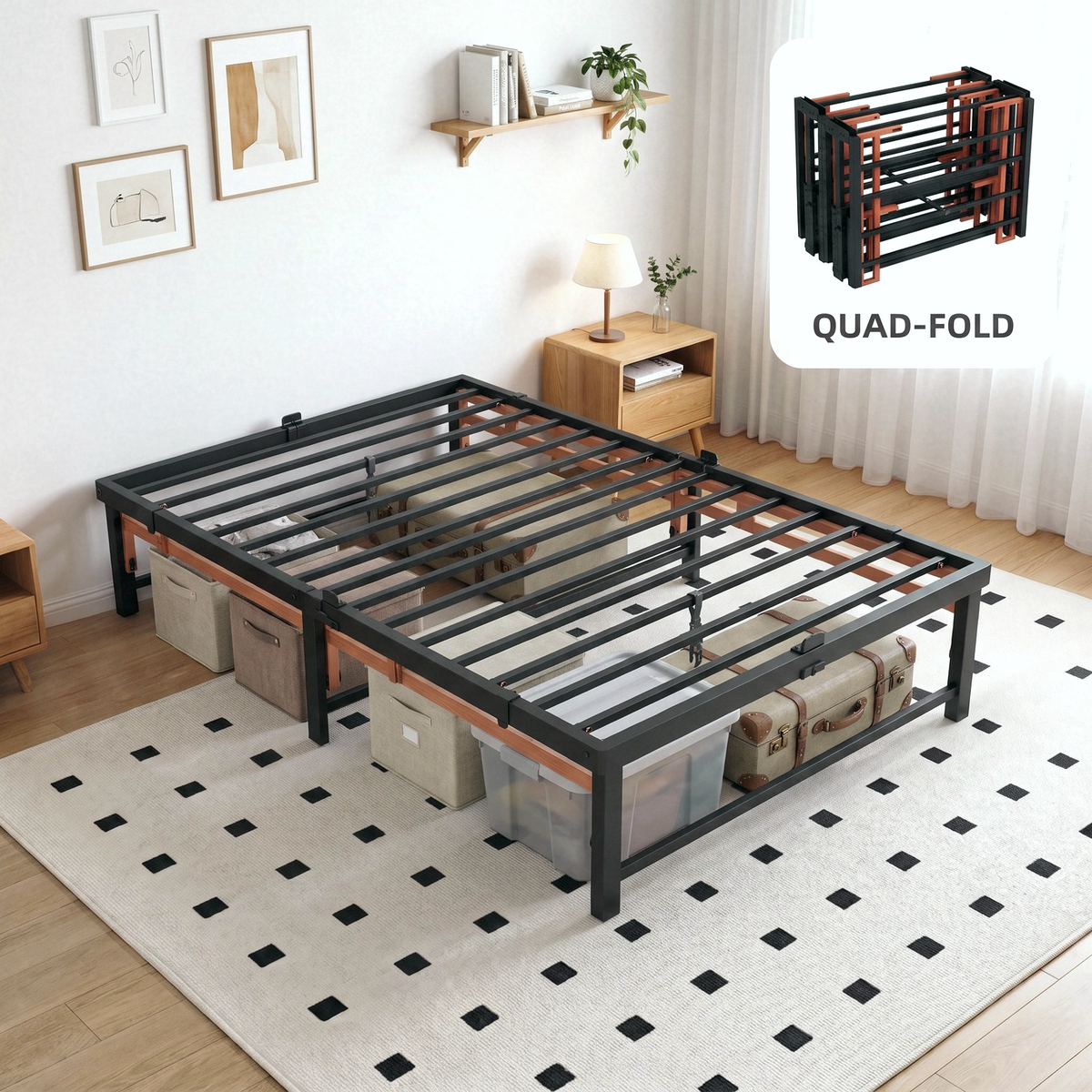 Merrland Tool-Free Folding Bed Frame, Quad-Fold, Heavy Duty Metal Bed with 13" Under-Bed Storage, Space-Saving, Black