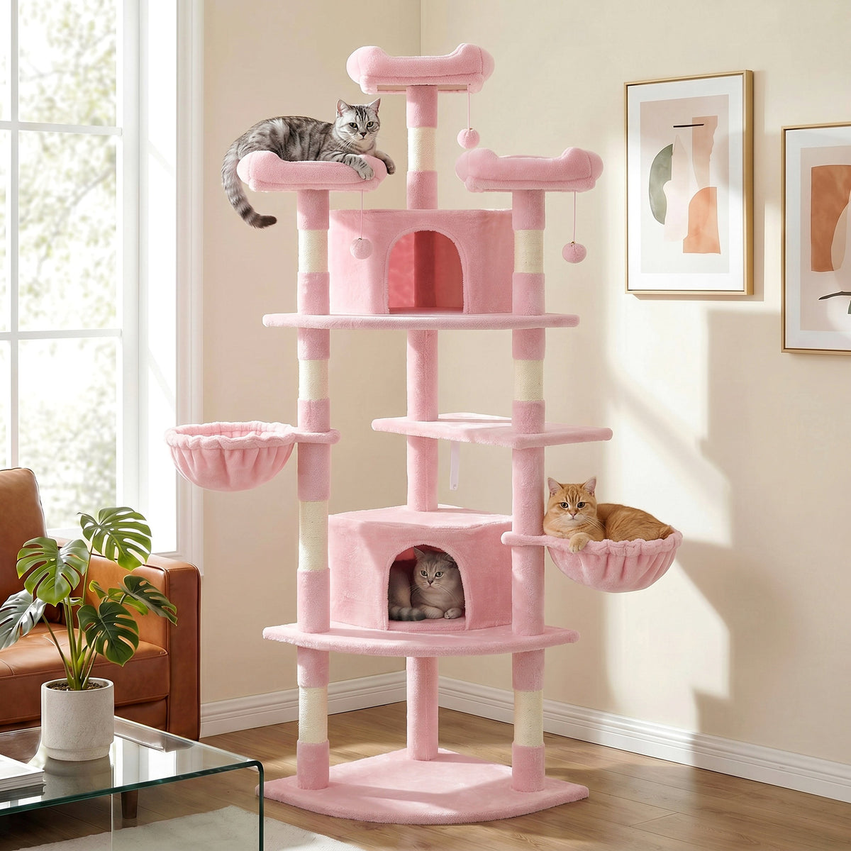 Merrland 73" Large Cat Tree Tower for Indoor Cats, Fan-Shaped Base Multi-Level Cat Condo with Top Perches, Cat Baskets & Sisal Scratching Posts