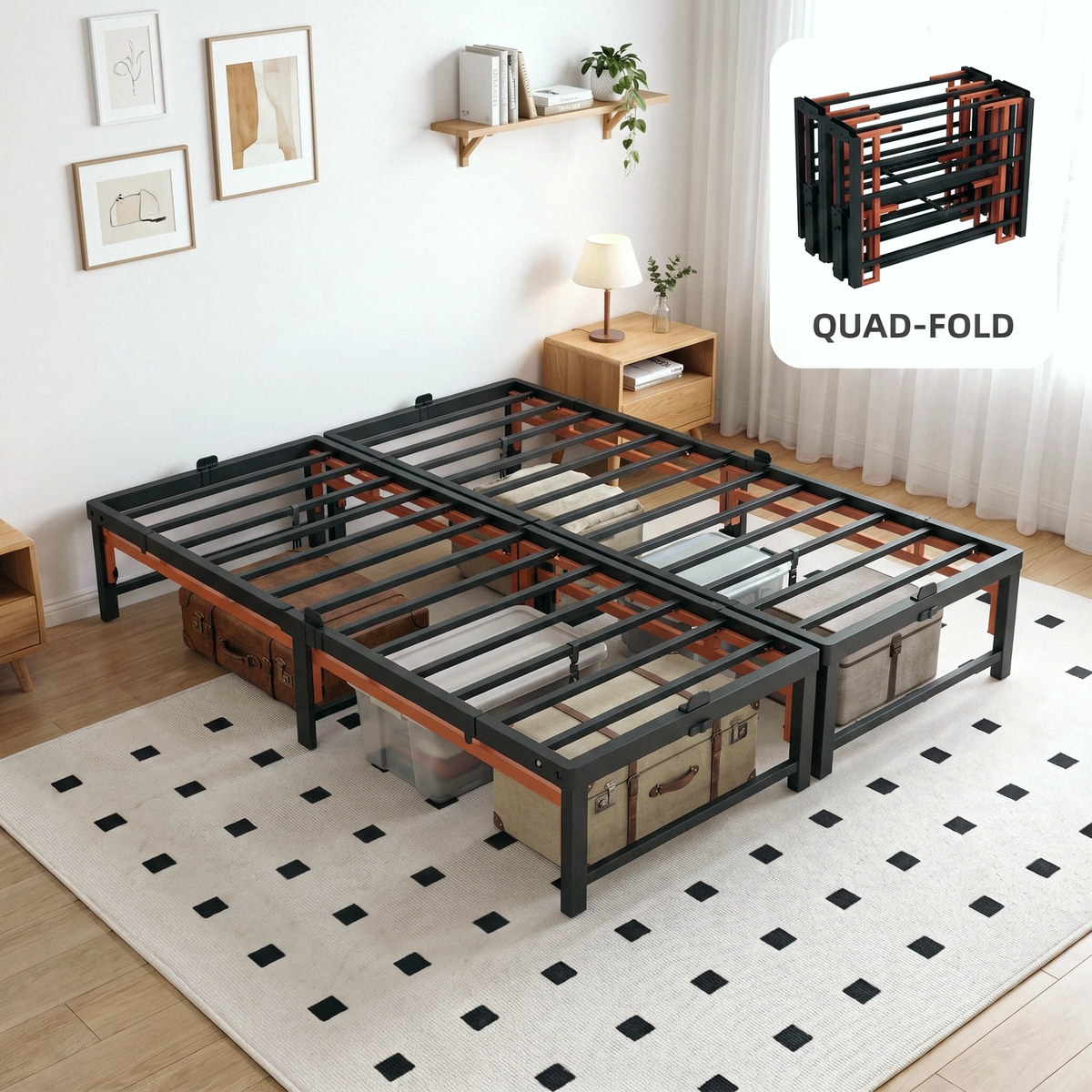 Merrland Tool-Free Folding Bed Frame, Quad-Fold, Heavy Duty Metal Bed with 13" Under-Bed Storage, Space-Saving, Black