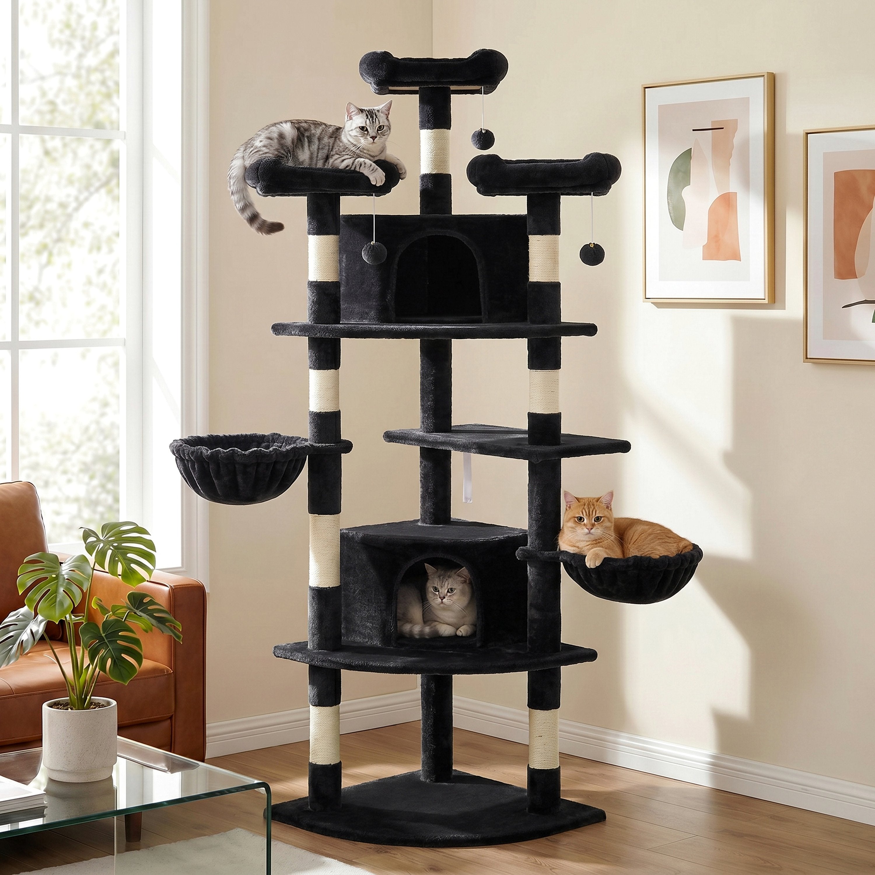 Merrland 73" Large Cat Tree Tower for Indoor Cats, Fan-Shaped Base Multi-Level Cat Condo with Top Perches, Cat Baskets & Sisal Scratching Posts