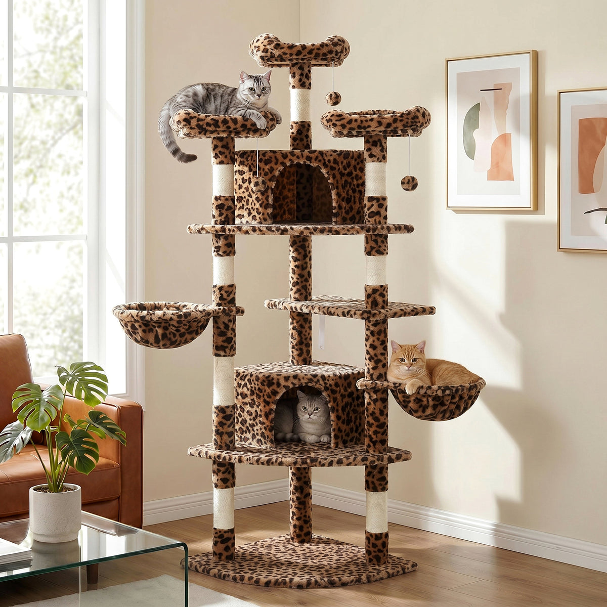 Merrland 73" Large Cat Tree Tower for Indoor Cats, Fan-Shaped Base Multi-Level Cat Condo with Top Perches, Cat Baskets & Sisal Scratching Posts