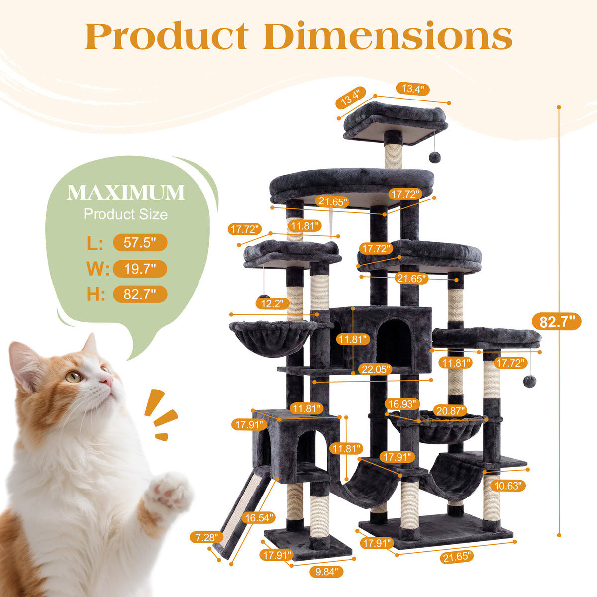 Merrland 83" Multi-Level Large Cat Tree with 2 Condos, Plush Perches, Sisal Scratching Posts, Hammocks & Toys for All Cats