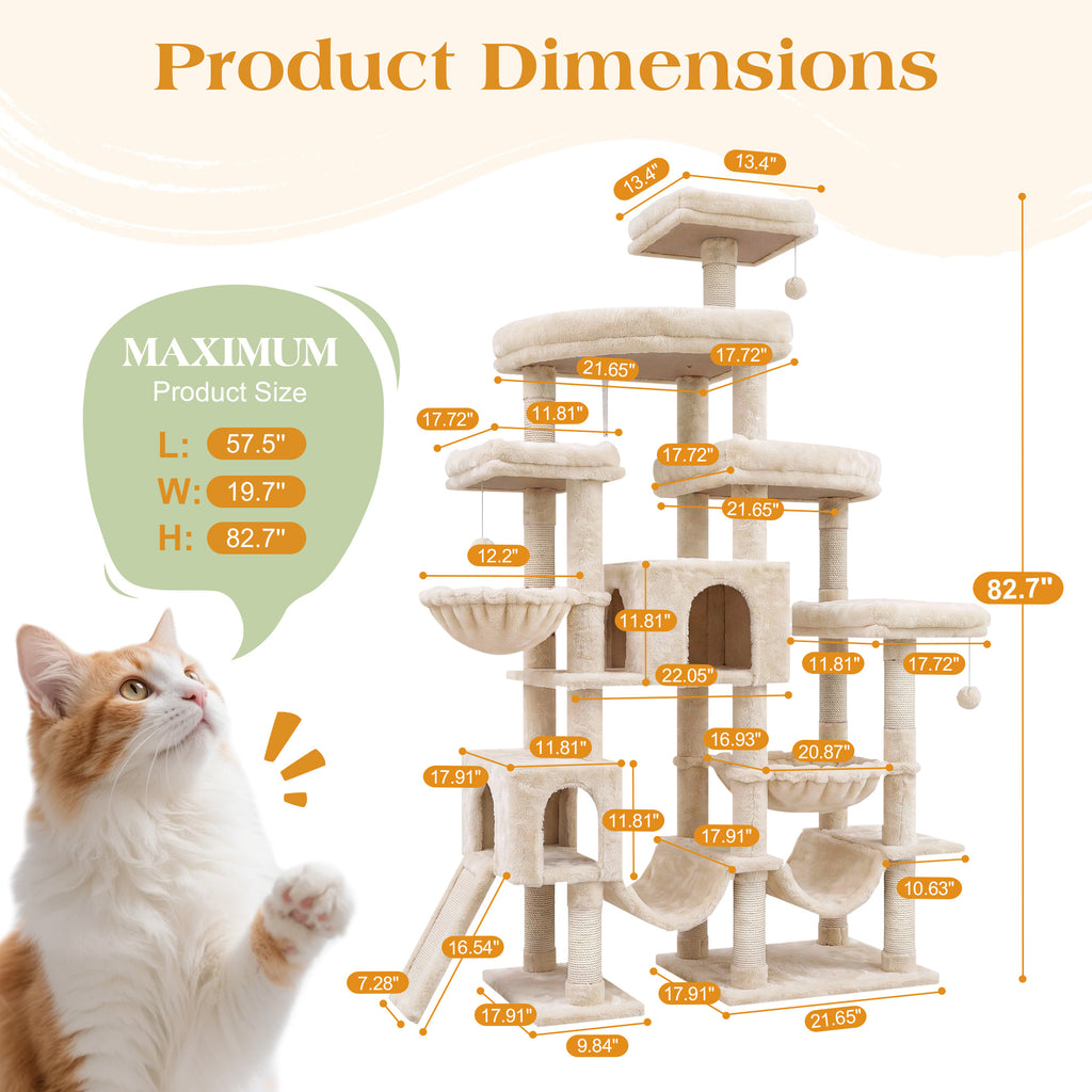 Merrland 83" Multi-Level Large Cat Tree with 2 Condos, Plush Perches, Sisal Scratching Posts, Hammocks & Toys for All Cats