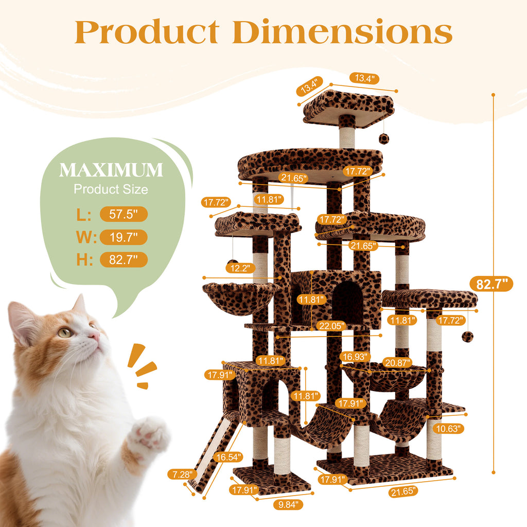 Merrland 83" Multi-Level Large Cat Tree with 2 Condos, Plush Perches, Sisal Scratching Posts, Hammocks & Toys for All Cats