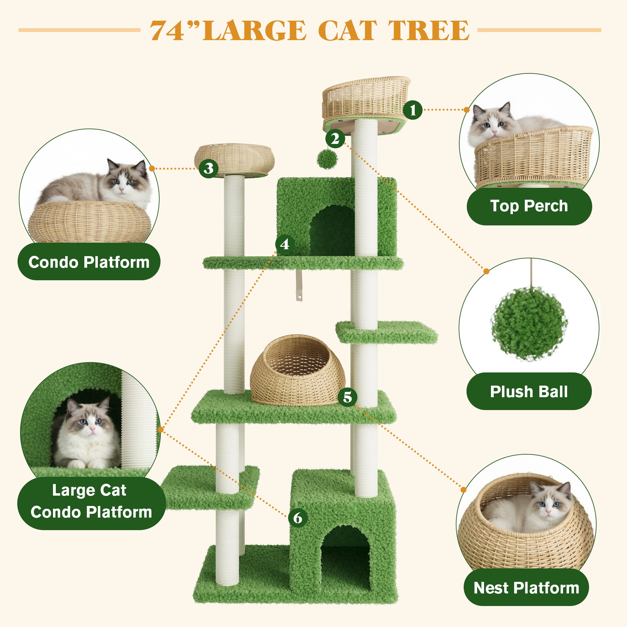Merrland 74" Cat Tree for Indoor Cats and Kittens, Multi-Level Cat Tower with Teddy Fleece & Rattan Condo, Dual-Sided Cushion Design, Green
