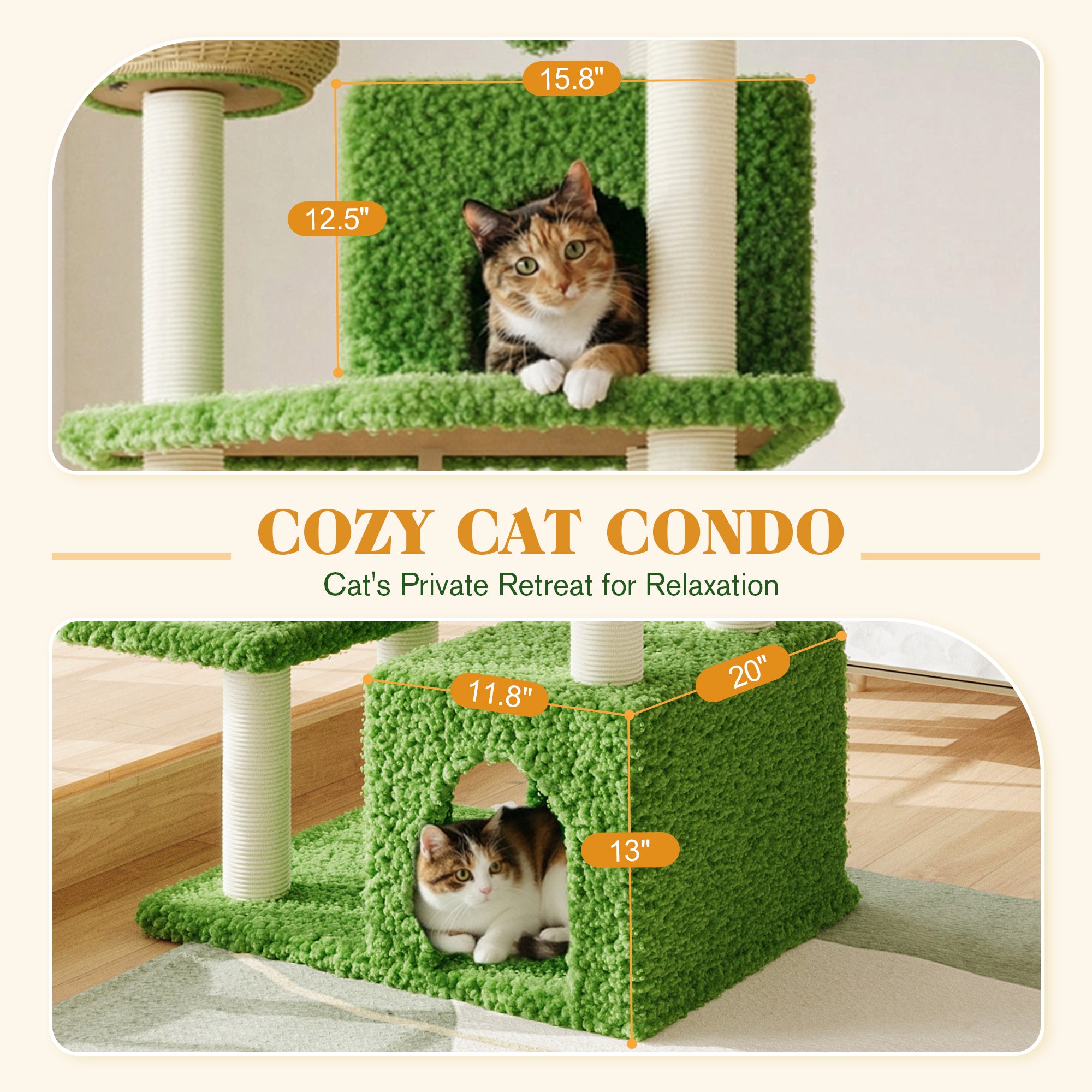 Merrland 74" Cat Tree for Indoor Cats and Kittens, Multi-Level Cat Tower with Teddy Fleece & Rattan Condo, Dual-Sided Cushion Design, Green