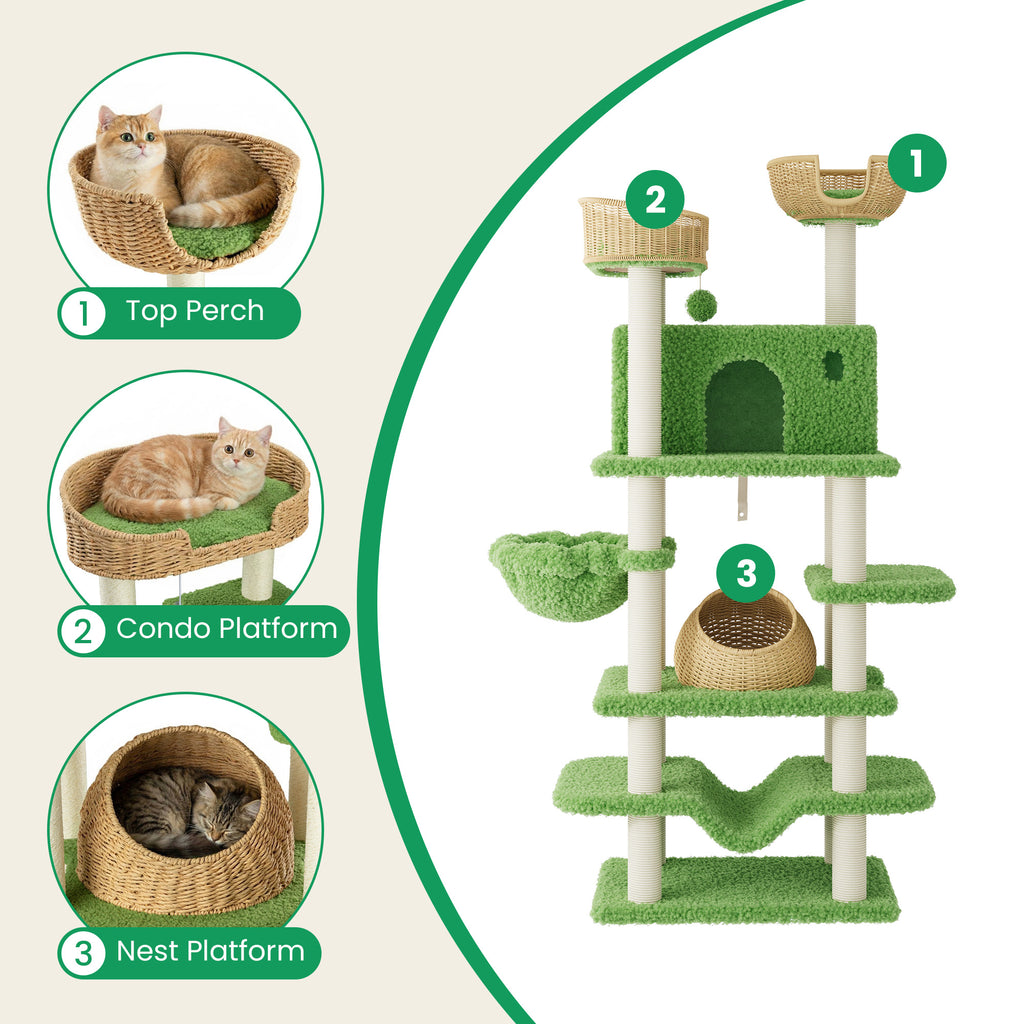 Merrland 82" Cat Tree for Indoor Cats and Kittens, Multi-Level Cat Tower with Teddy Fleece, Rattan Condo,, Basket, Hammock, Dual-Sided Cushion Design, Green