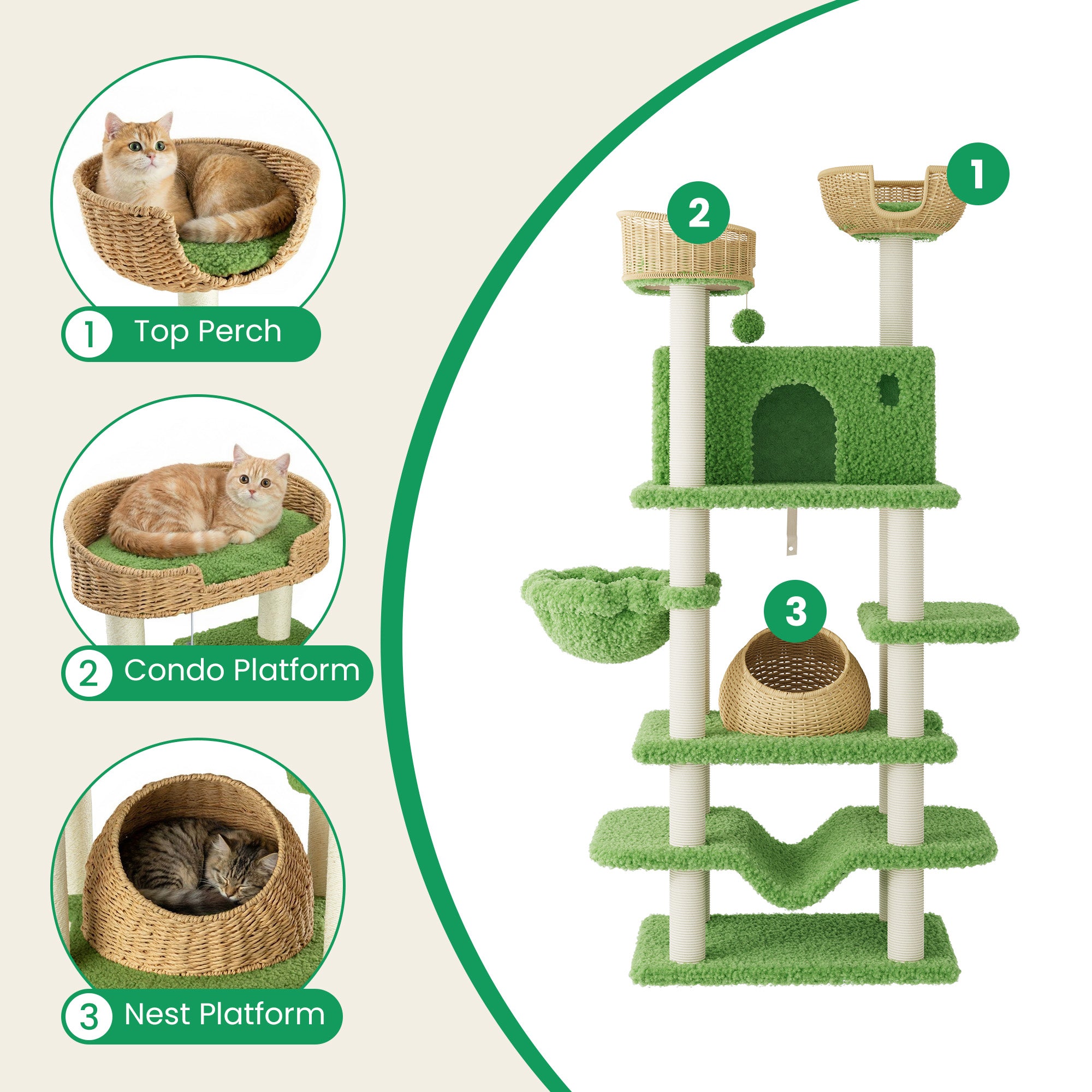 Merrland 82" Cat Tree for Indoor Cats and Kittens, Multi-Level Cat Tower with Teddy Fleece, Rattan Condo,, Basket, Hammock, Dual-Sided Cushion Design, Green