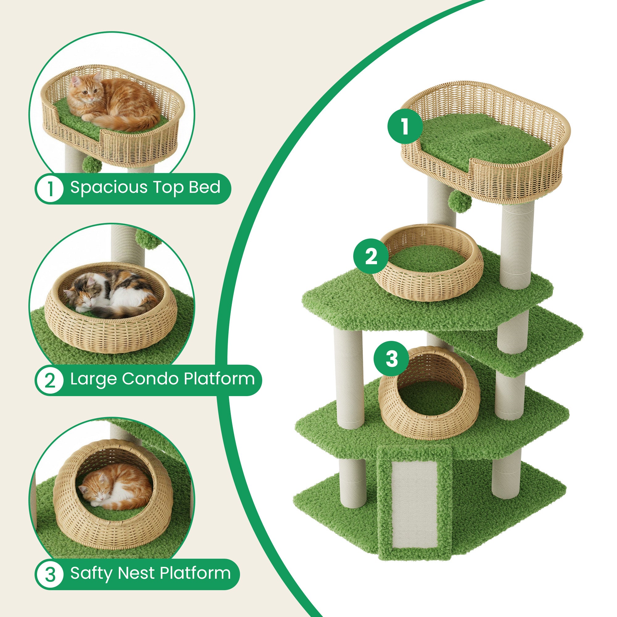 Merrland 57" Cat Tree for Indoor Cats and Kittens, Multi-Level Cat Tower with Teddy Fleece, Rattan Condo, Scratching Ramp and Posts, Dual-Sided Cushion Design, Green