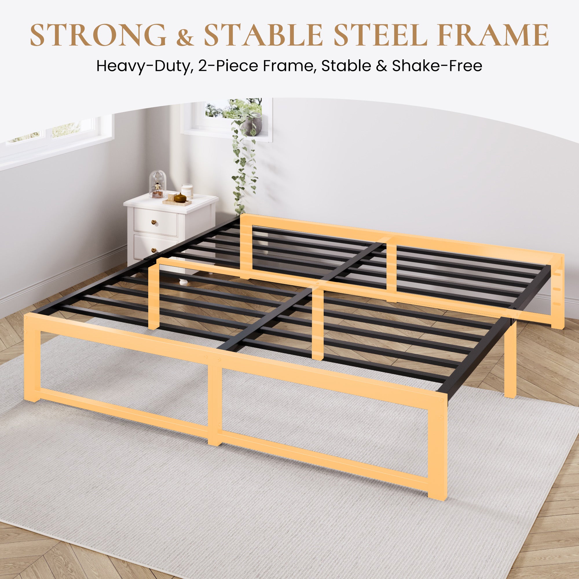 Merrland 14" Metal Platform Bed Frame, Heavy-Duty, Reinforced Steel Structure, Ample Under-Bed Storage, No Box Spring Needed