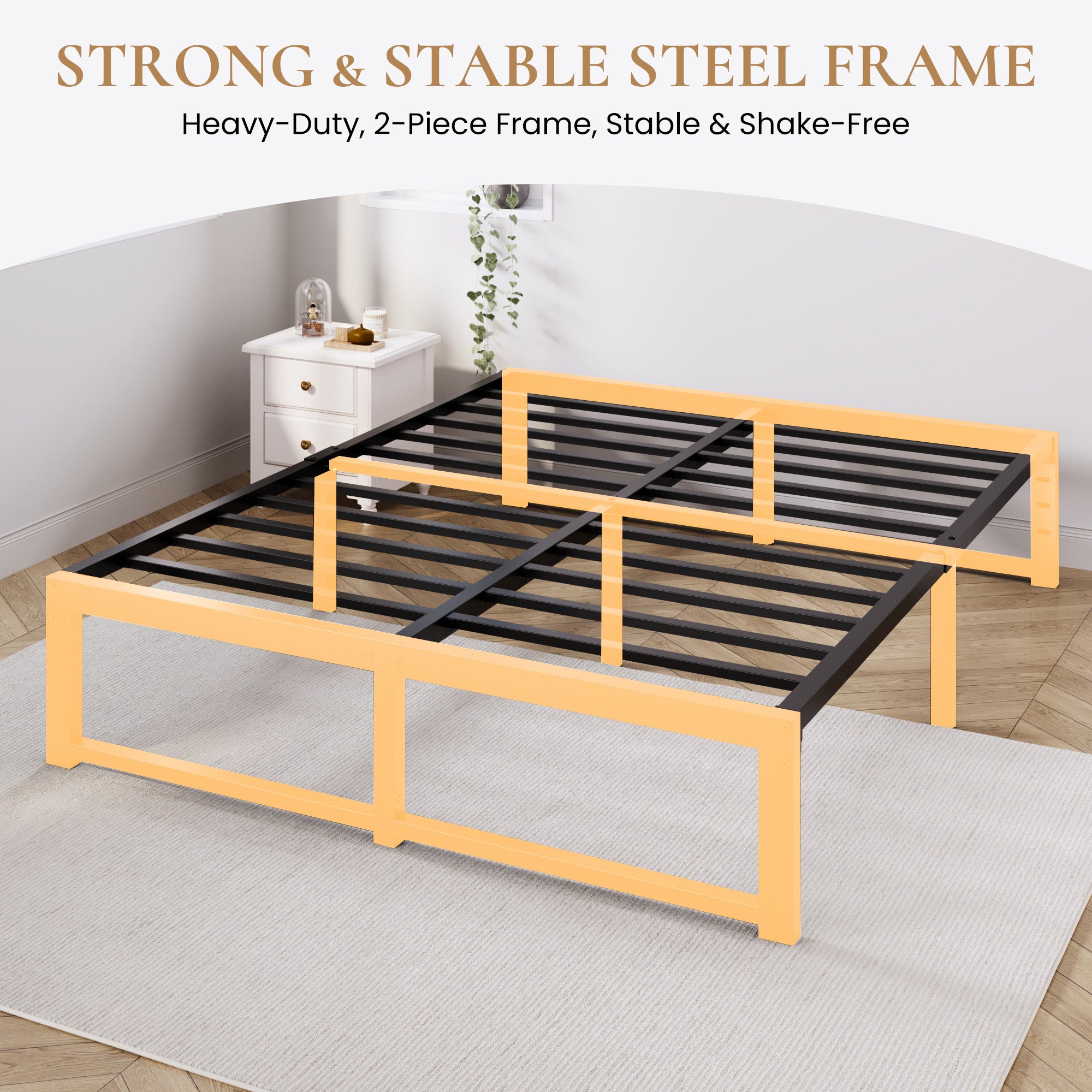 Merrland 14" Metal Platform Bed Frame, Heavy-Duty, Reinforced Steel Structure, Ample Under-Bed Storage, No Box Spring Needed