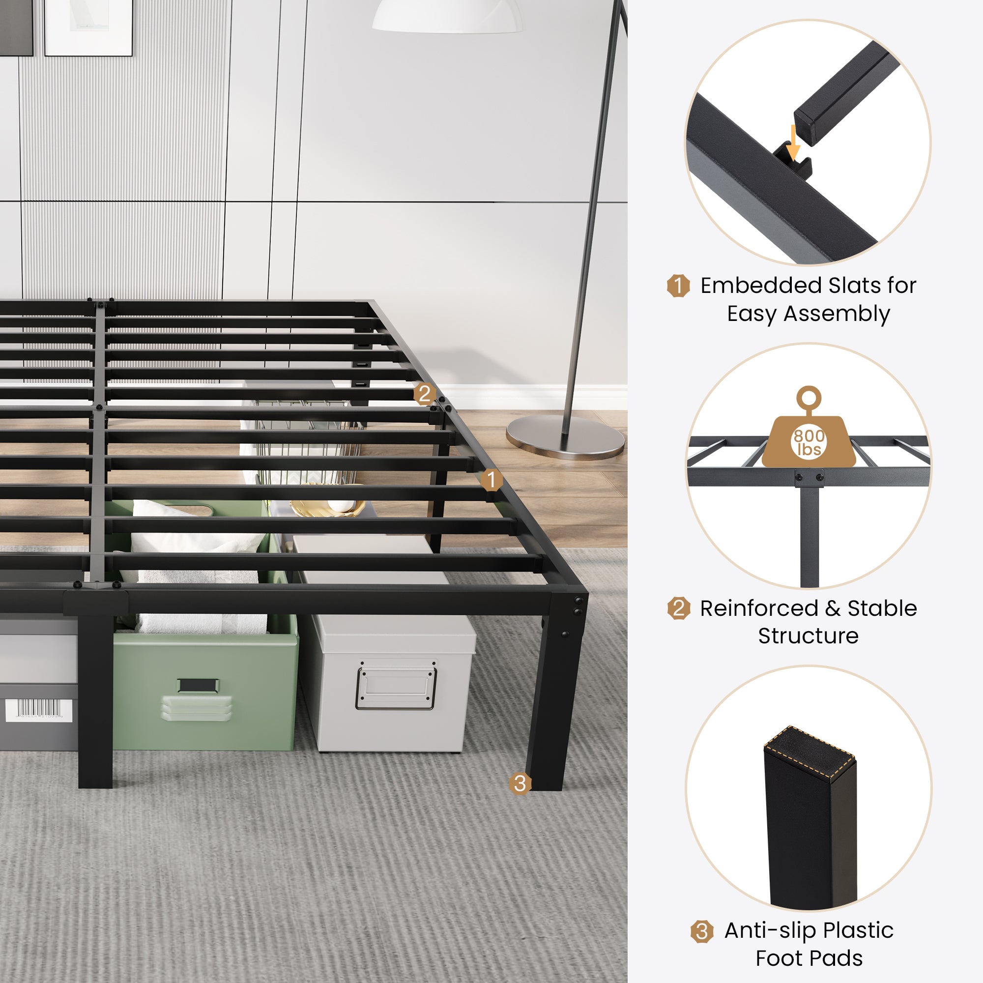 Merrland 14 Inch Bed Frame, Heavy Duty Metal Platform with Storage, Steel Slat Support, Easy Assembly