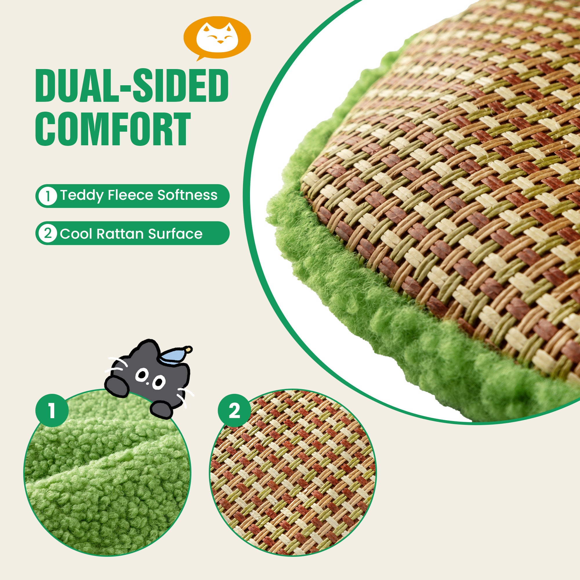 Merrland 57" Cat Tree for Indoor Cats and Kittens, Multi-Level Cat Tower with Teddy Fleece, Rattan Condo, Scratching Ramp and Posts, Dual-Sided Cushion Design, Green