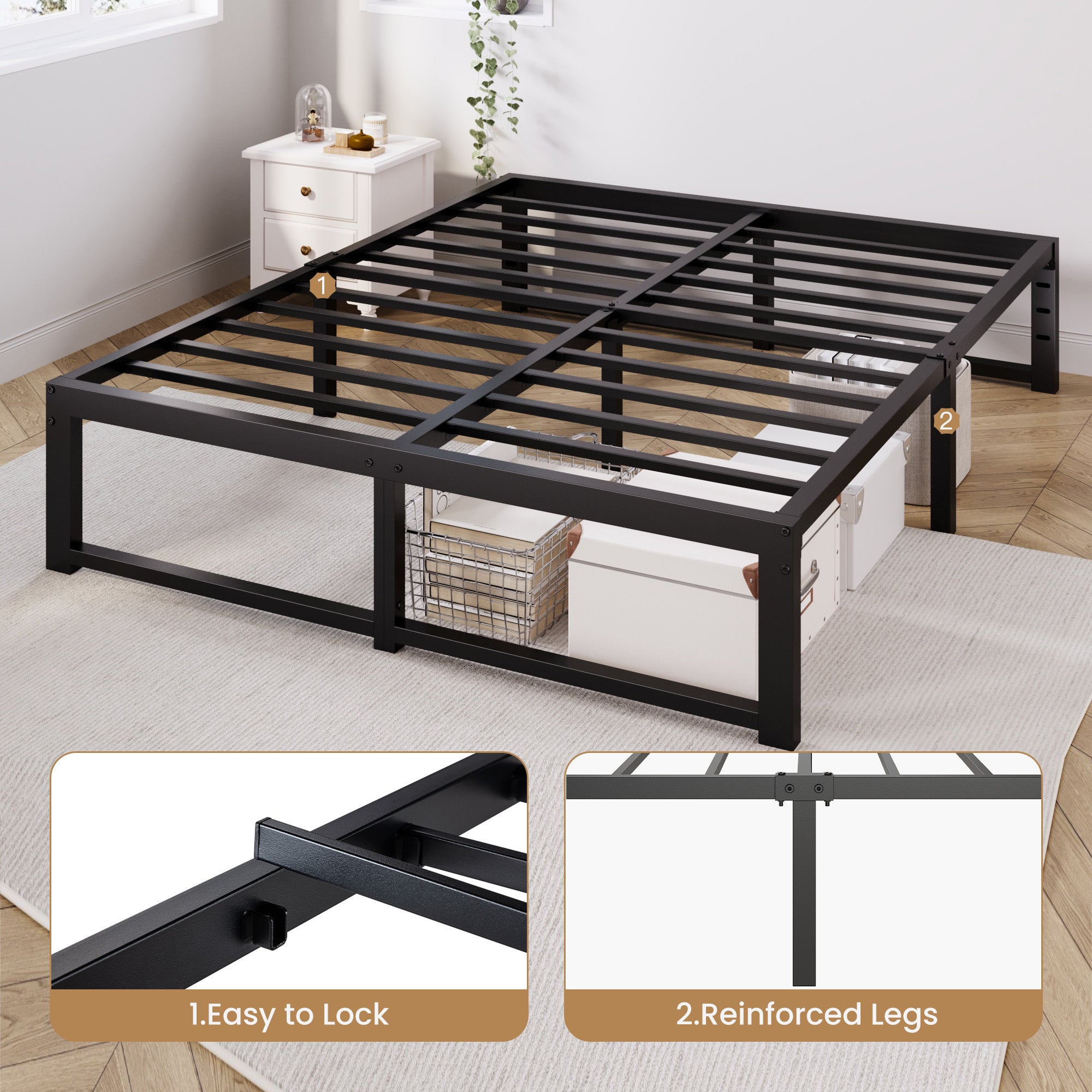 Merrland 14" Metal Platform Bed Frame, Heavy-Duty, Reinforced Steel Structure, Ample Under-Bed Storage, No Box Spring Needed