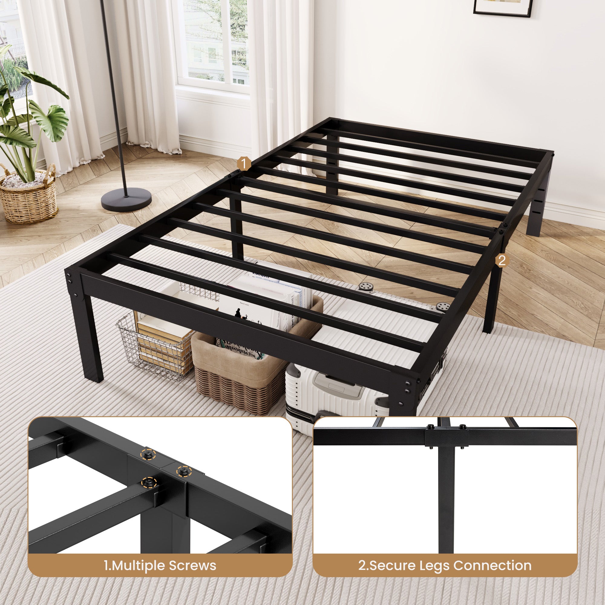 Merrland Metal Platform Bed Frame, 12" Tall with Under-Bed Storage Space, Heavy Duty, Noise-Free, No Box Spring Needed, Black