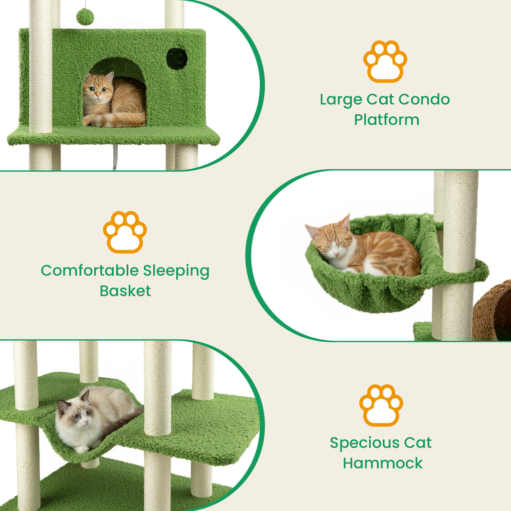 Merrland 82" Cat Tree for Indoor Cats and Kittens, Multi-Level Cat Tower with Teddy Fleece, Rattan Condo,, Basket, Hammock, Dual-Sided Cushion Design, Green