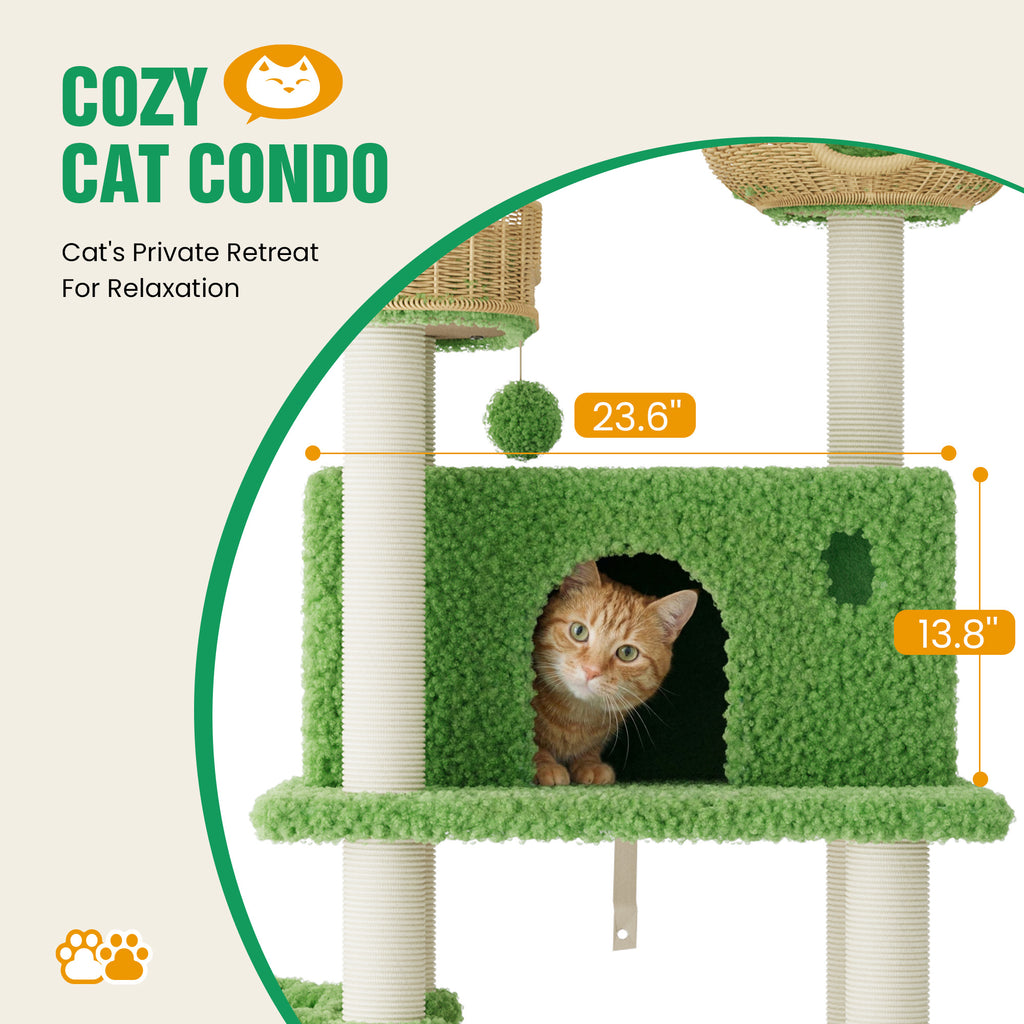 Merrland 82" Cat Tree for Indoor Cats and Kittens, Multi-Level Cat Tower with Teddy Fleece, Rattan Condo,, Basket, Hammock, Dual-Sided Cushion Design, Green