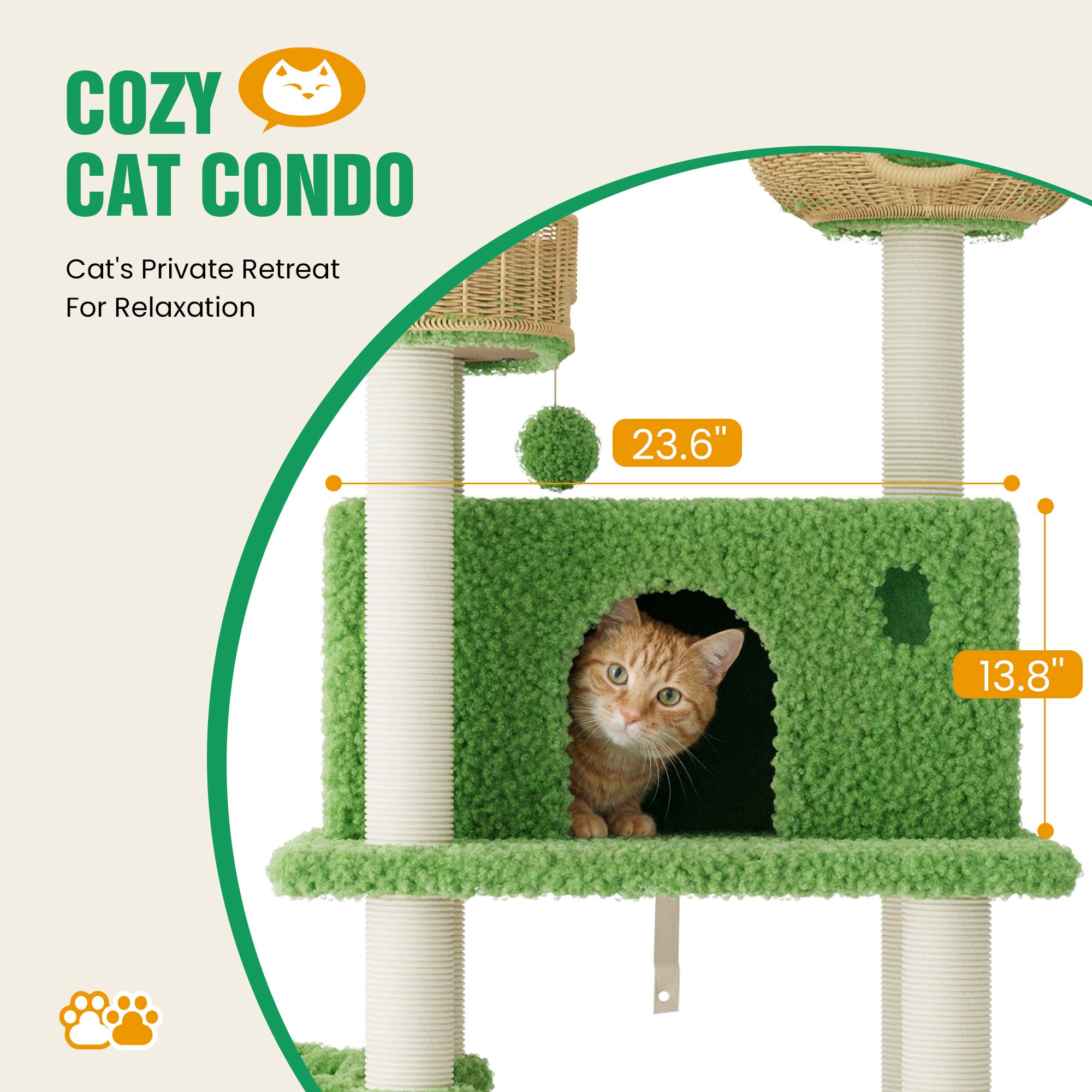 Merrland 82" Cat Tree for Indoor Cats and Kittens, Multi-Level Cat Tower with Teddy Fleece, Rattan Condo,, Basket, Hammock, Dual-Sided Cushion Design, Green