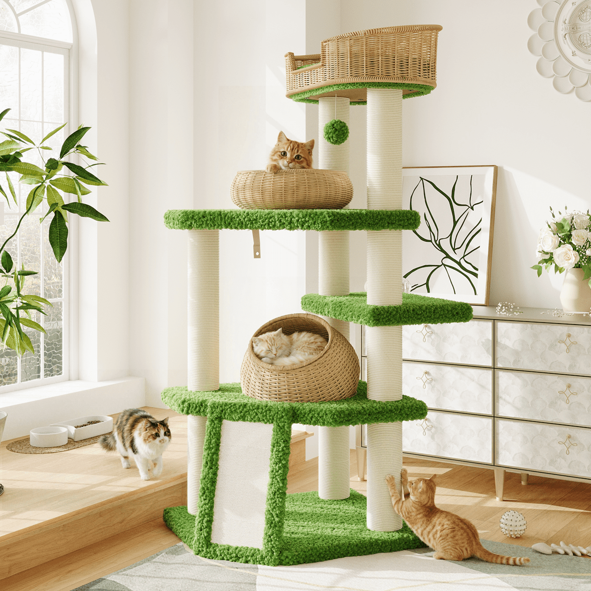 Merrland 74" Cat Tree for Indoor Cats and Kittens, Multi-Level Cat Tower with Teddy Fleece & Rattan Condo, Dual-Sided Cushion Design, Green
