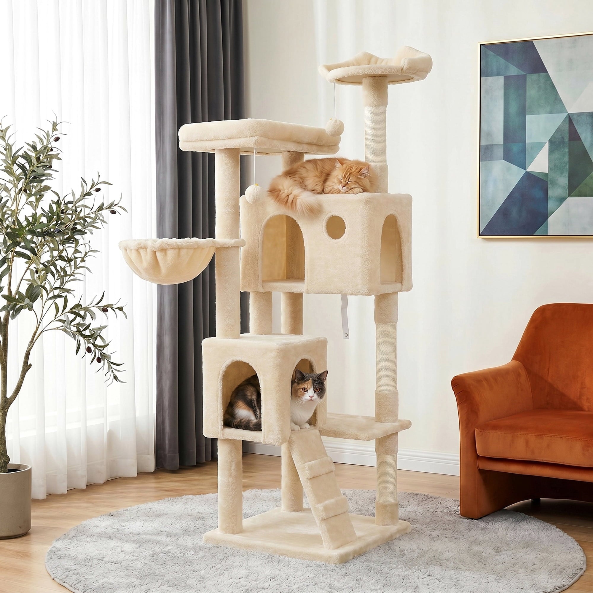 Merrland 64" Large Cat Tree Tower with Scratching Posts & Condo for Indoor Cats, Plush Basket & Scratching Ramp, Cat Furniture
