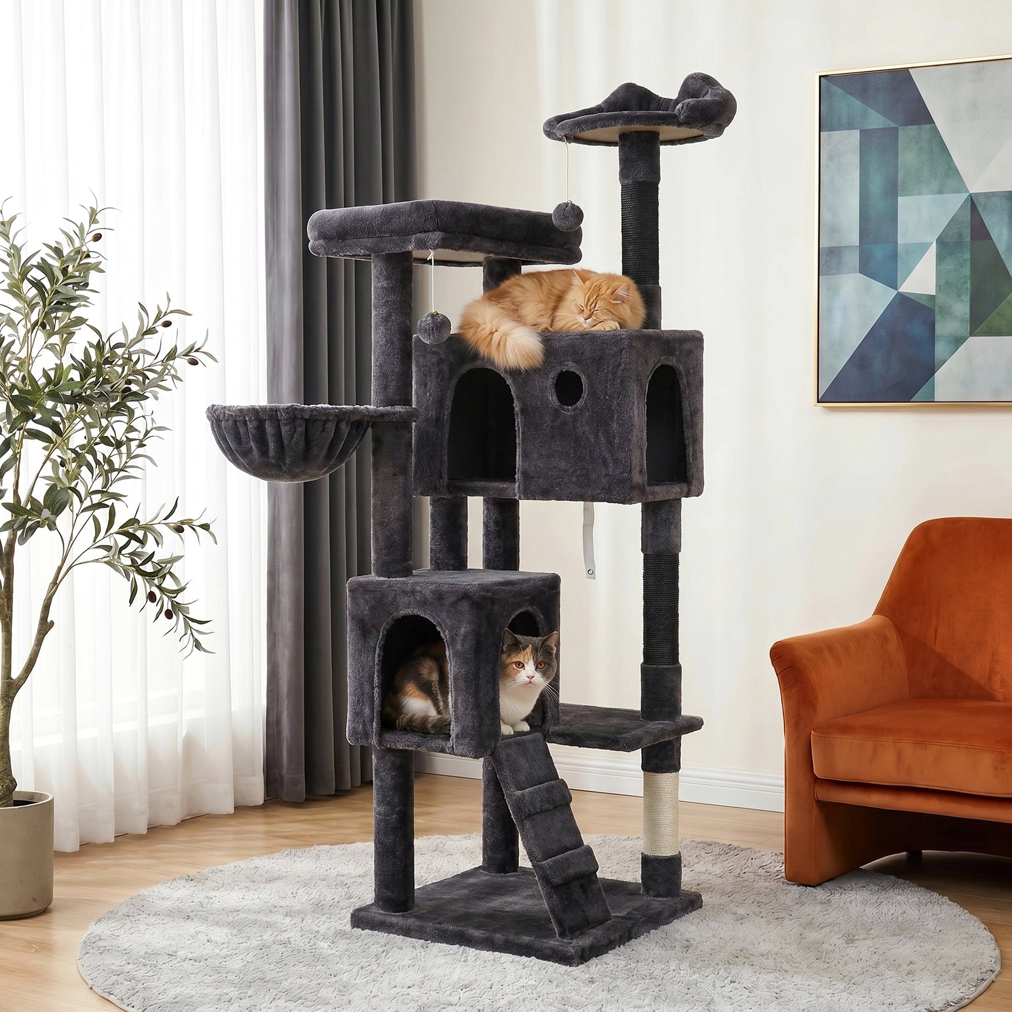 Merrland 64" Large Cat Tree Tower with Scratching Posts & Condo for Indoor Cats, Plush Basket & Scratching Ramp, Cat Furniture