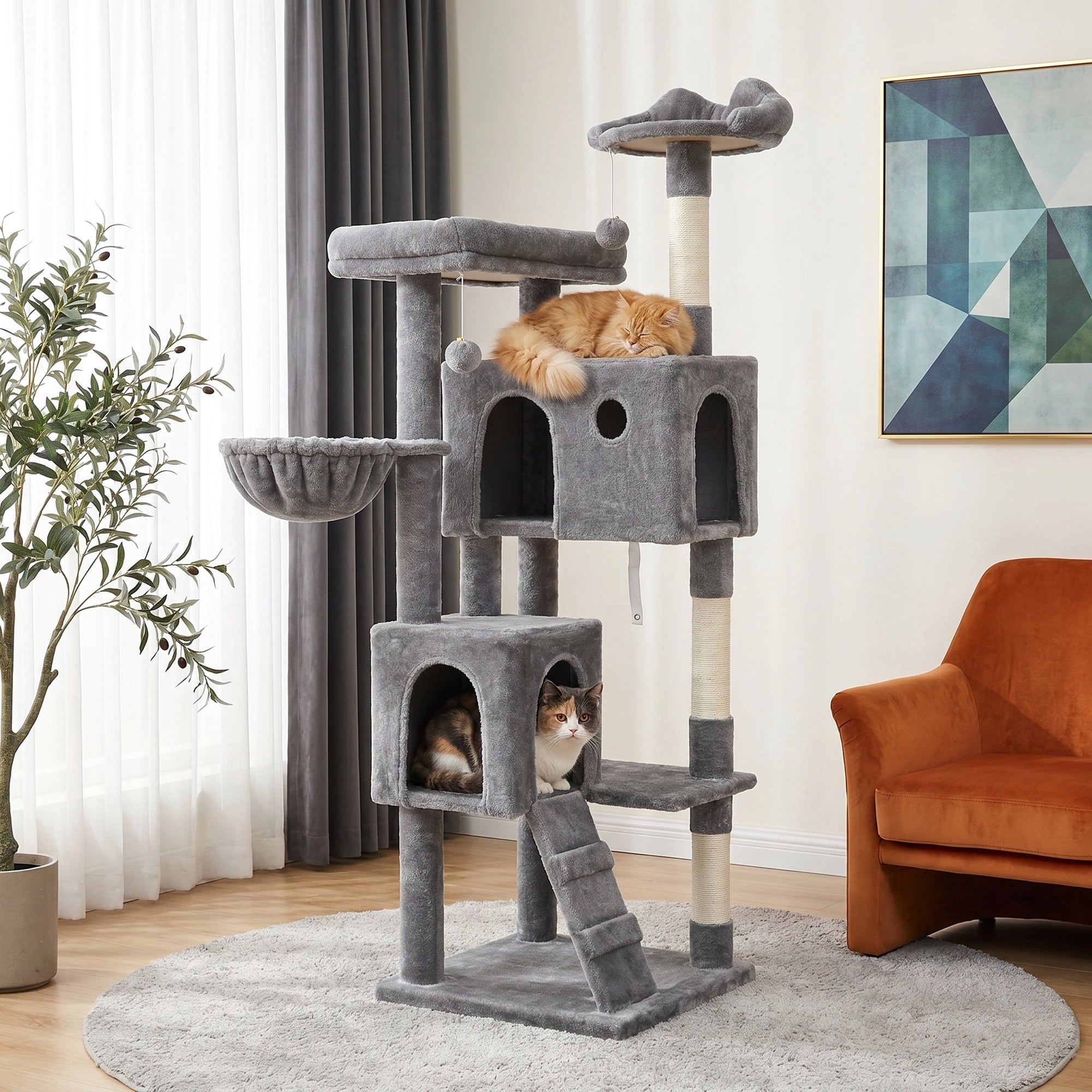 Merrland 64" Large Cat Tree Tower with Scratching Posts & Condo for Indoor Cats, Plush Basket & Scratching Ramp, Cat Furniture