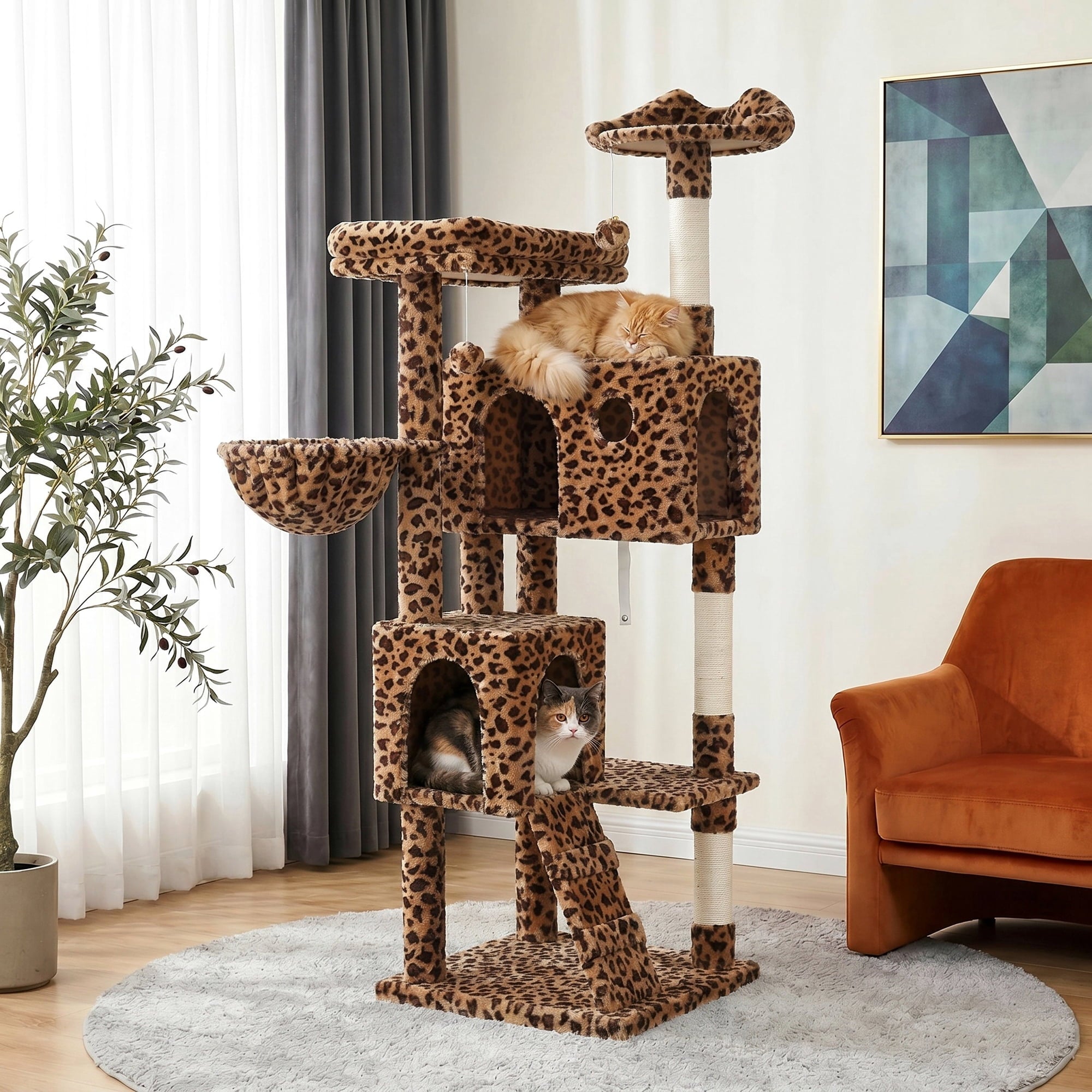 Merrland 64" Large Cat Tree Tower with Scratching Posts & Condo for Indoor Cats, Plush Basket & Scratching Ramp, Cat Furniture