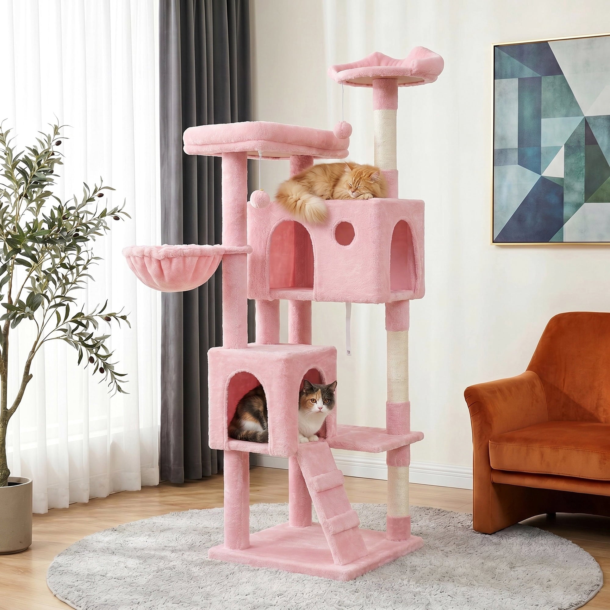 Merrland 64" Large Cat Tree Tower with Scratching Posts & Condo for Indoor Cats, Plush Basket & Scratching Ramp, Cat Furniture