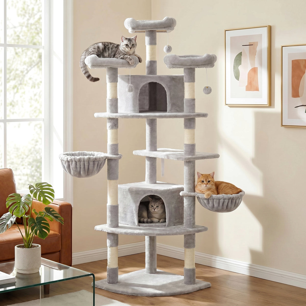 Merrland 73" Large Cat Tree Tower for Indoor Cats, Fan-Shaped Base Multi-Level Cat Condo with Top Perches, Cat Baskets & Sisal Scratching Posts