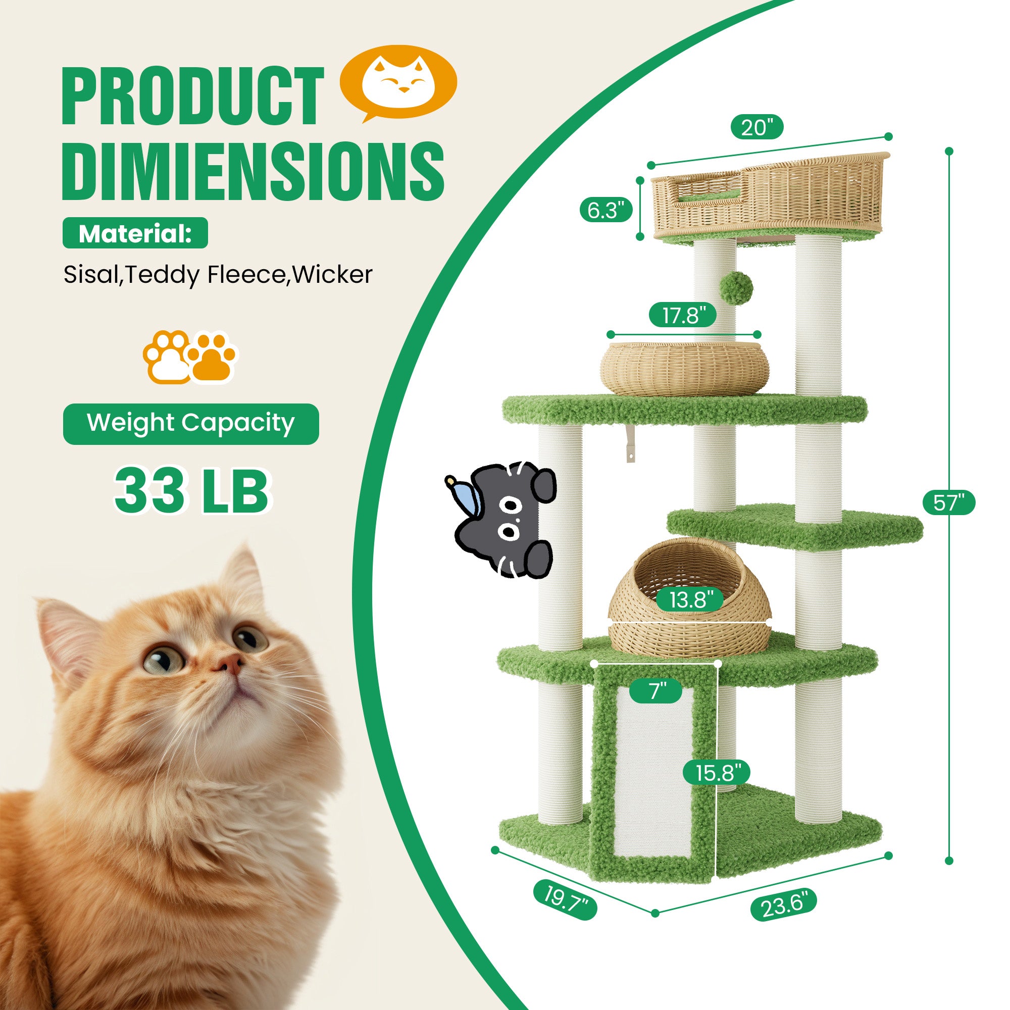 Merrland 57" Cat Tree for Indoor Cats and Kittens, Multi-Level Cat Tower with Teddy Fleece, Rattan Condo, Scratching Ramp and Posts, Dual-Sided Cushion Design, Green