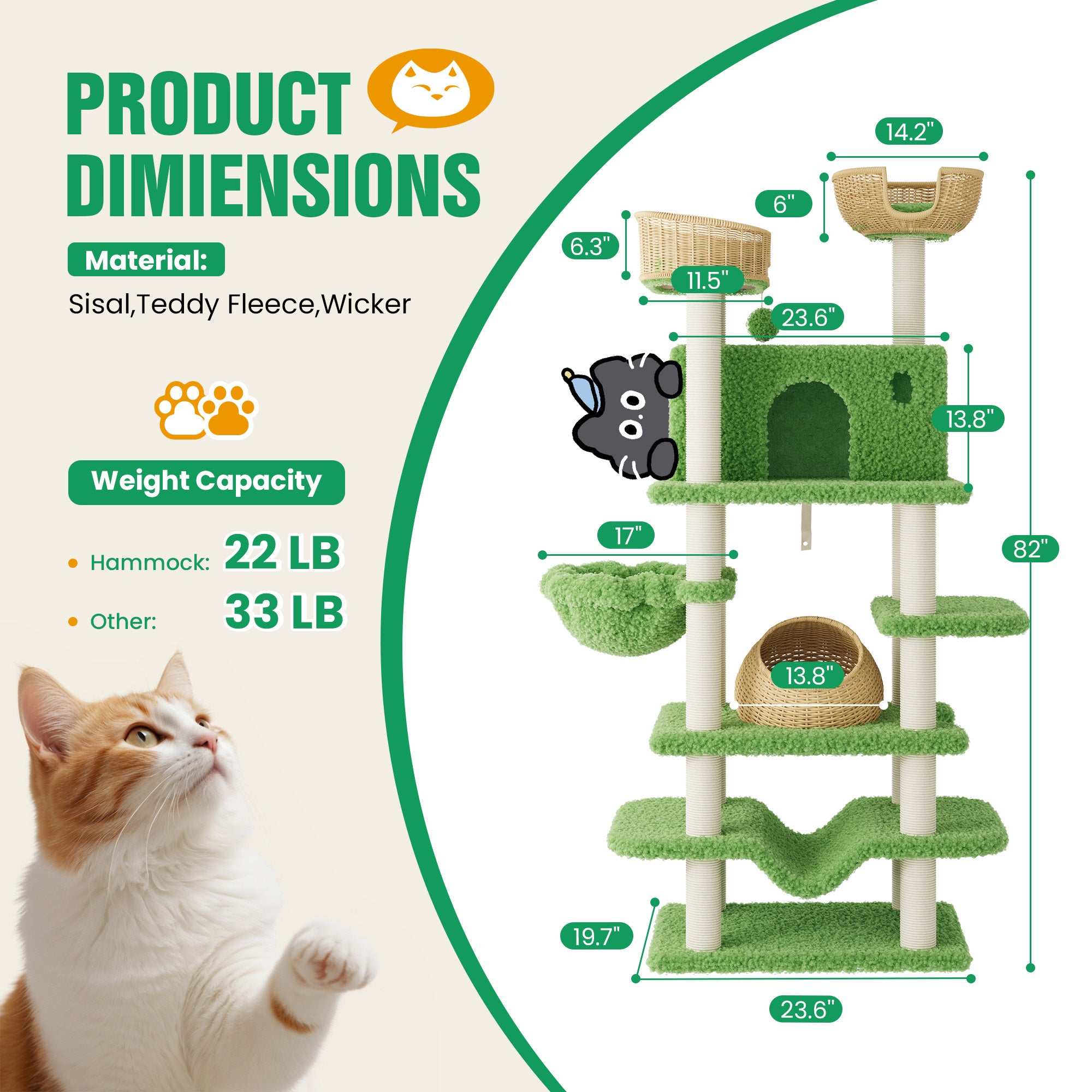 Merrland 82" Cat Tree for Indoor Cats and Kittens, Multi-Level Cat Tower with Teddy Fleece, Rattan Condo,, Basket, Hammock, Dual-Sided Cushion Design, Green