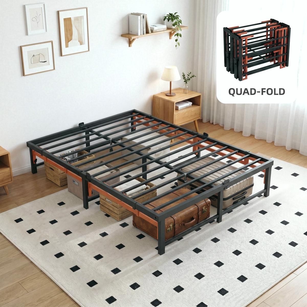 Merrland Tool-Free Folding Bed Frame, Quad-Fold, Heavy Duty Metal Bed with 13" Under-Bed Storage, Space-Saving, Black