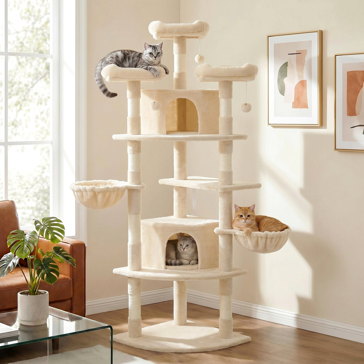Merrland 73" Large Cat Tree Tower for Indoor Cats, Fan-Shaped Base Multi-Level Cat Condo with Top Perches, Cat Baskets & Sisal Scratching Posts