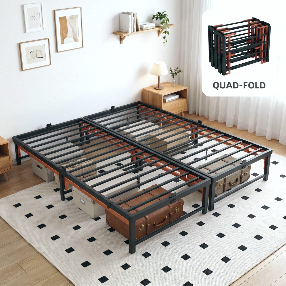 Merrland Tool-Free Folding Bed Frame, Quad-Fold, Heavy Duty Metal Bed with 13" Under-Bed Storage, Space-Saving, Black