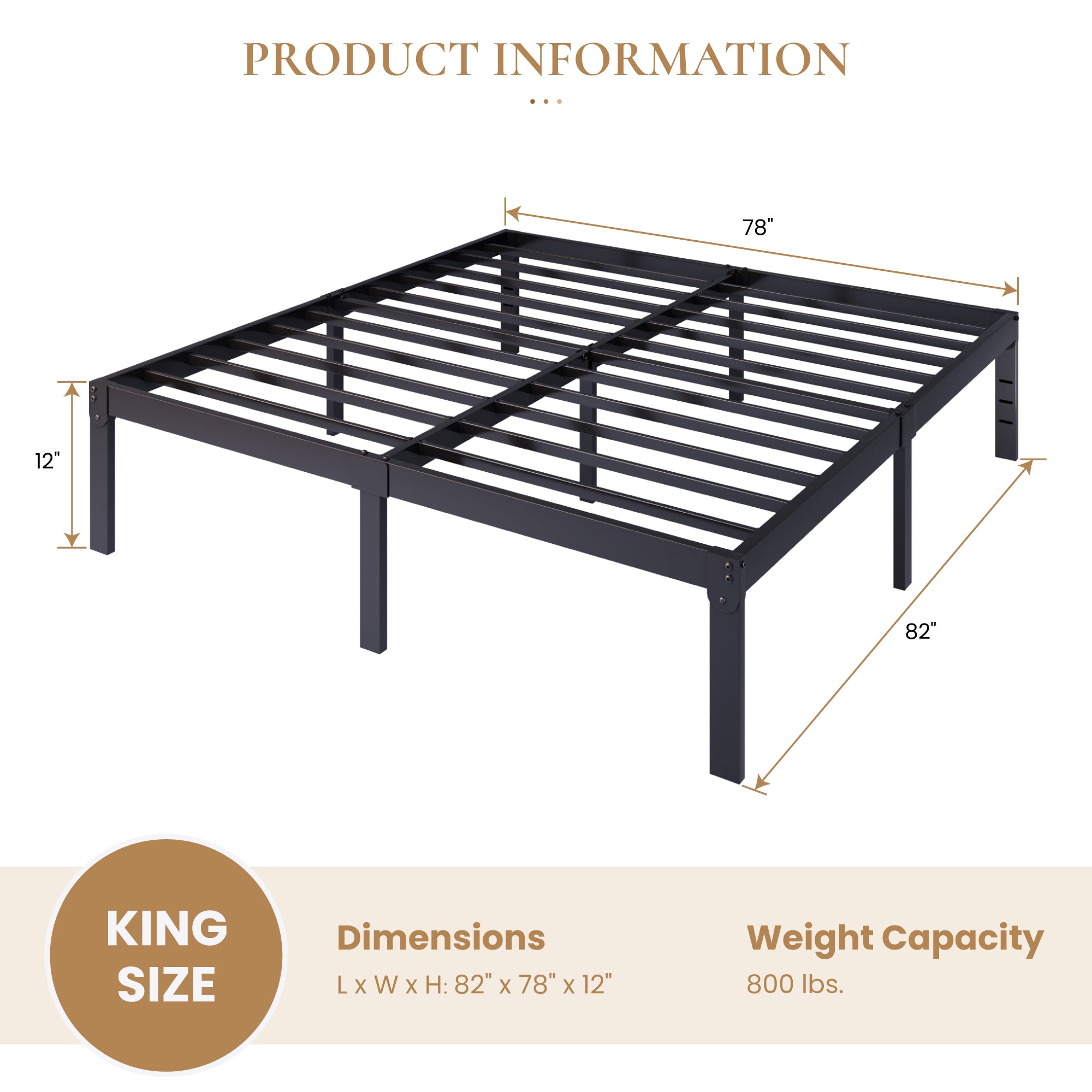 Merrland Metal Platform Bed Frame, 12" Tall with Under-Bed Storage Space, Heavy Duty, Noise-Free, No Box Spring Needed, Black