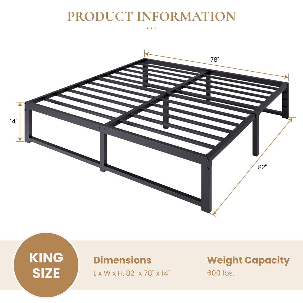 Merrland 14" Metal Platform Bed Frame, Heavy-Duty, Reinforced Steel Structure, Ample Under-Bed Storage, No Box Spring Needed