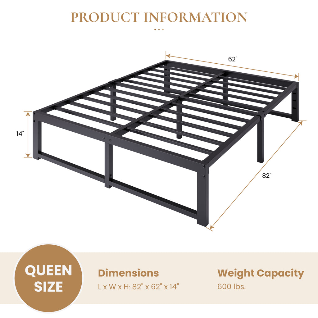 Merrland 14" Metal Platform Bed Frame, Heavy-Duty, Reinforced Steel Structure, Ample Under-Bed Storage, No Box Spring Needed