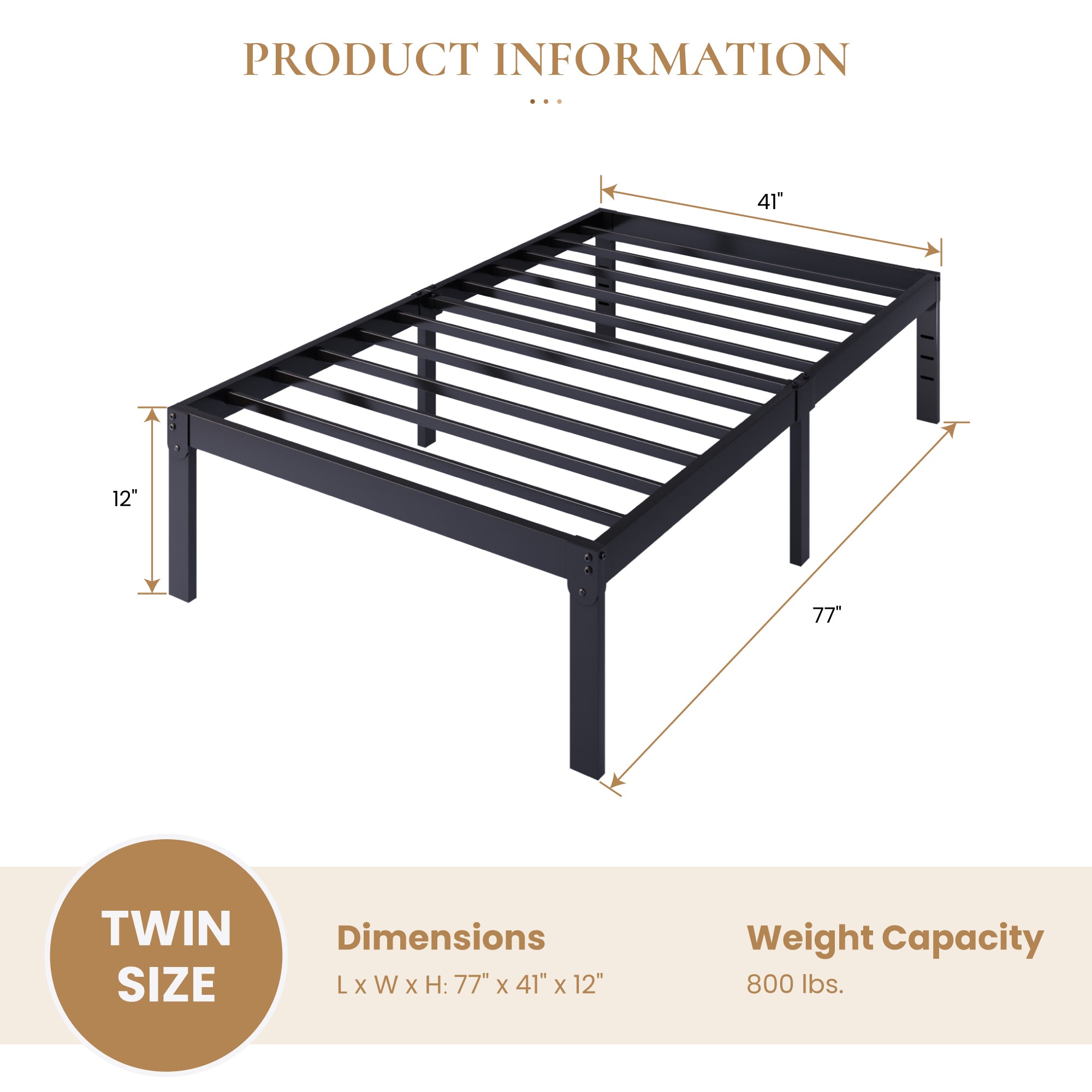 Merrland Metal Platform Bed Frame, 12" Tall with Under-Bed Storage Space, Heavy Duty, Noise-Free, No Box Spring Needed, Black