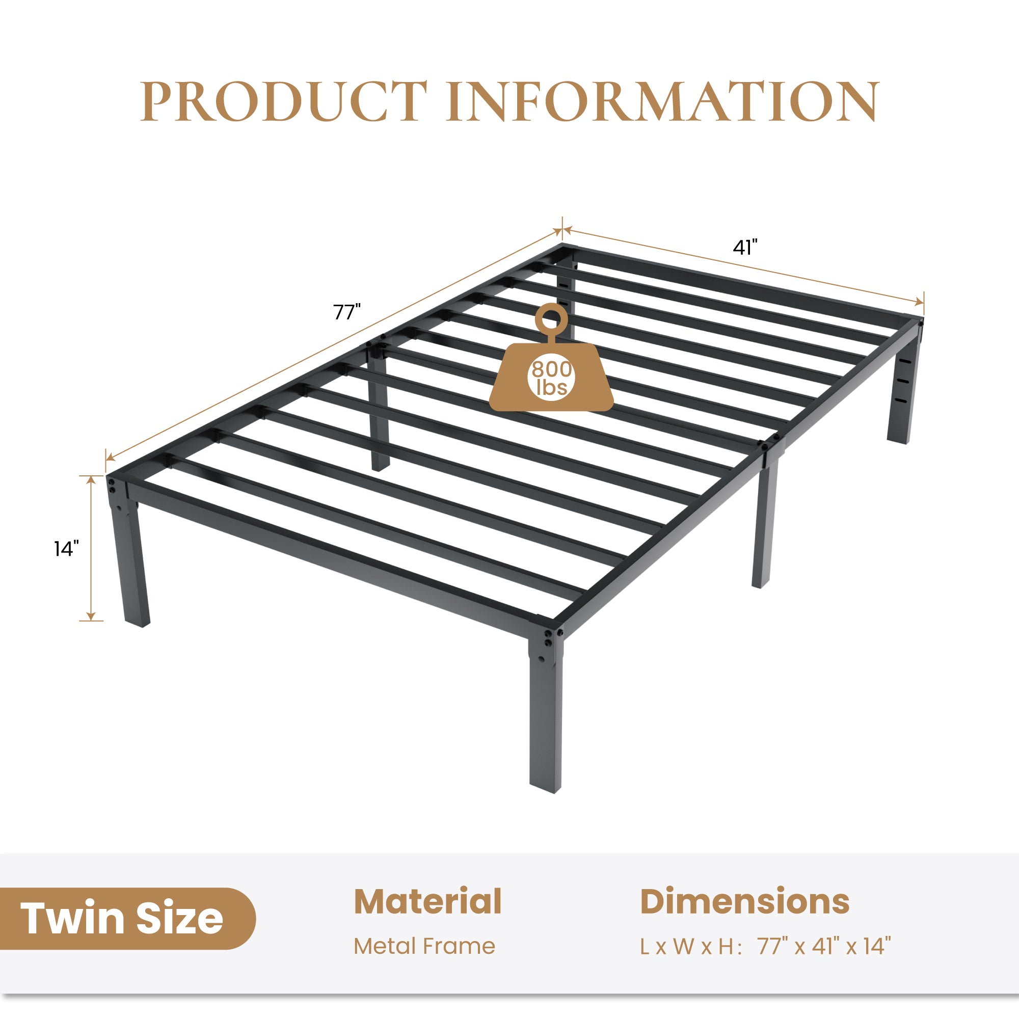 Merrland 14" Metal Platform Bed Frame with Under-bed Storage, Heavy-duty, No Box Spring Needed, Easy Assembly