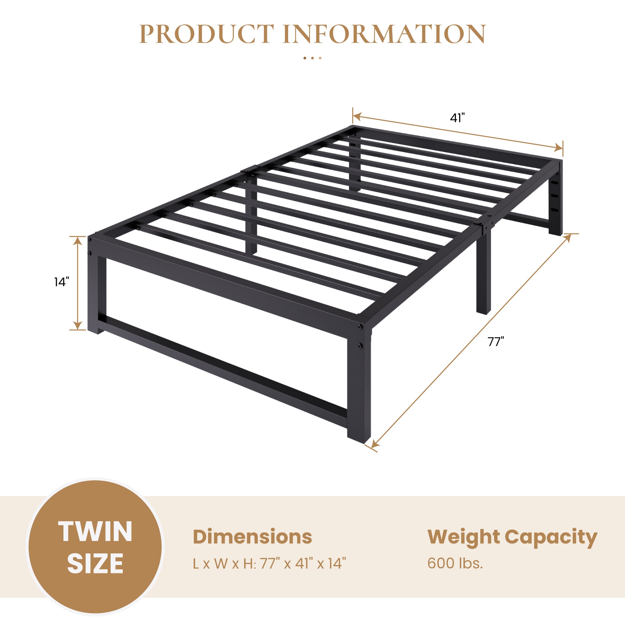 Merrland 14" Metal Platform Bed Frame, Heavy-Duty, Reinforced Steel Structure, Ample Under-Bed Storage, No Box Spring Needed